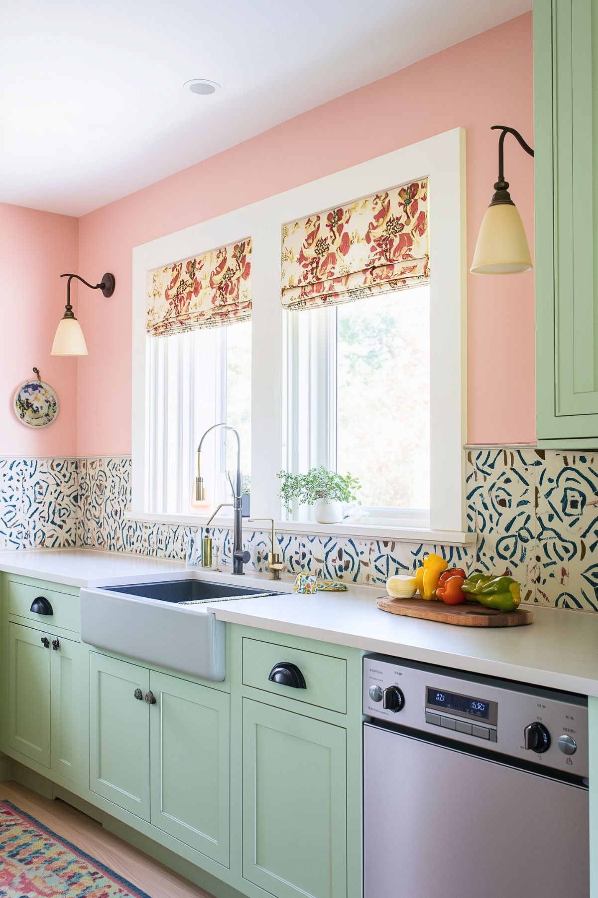 A charming kitchen with mint green cabinets and a white countertop, featuring a farmhouse sink. The pink walls add a soft, warm touch to the space, while the blue and white patterned backsplash provides contrast. Two windows above the sink are dressed with floral Roman shades, letting in natural light. A cutting board with colorful bell peppers sits on the counter, adding a fresh, vibrant detail. Bronze sconces and modern fixtures complete the blend of traditional and contemporary elements in this cozy, kitschy kitchen.