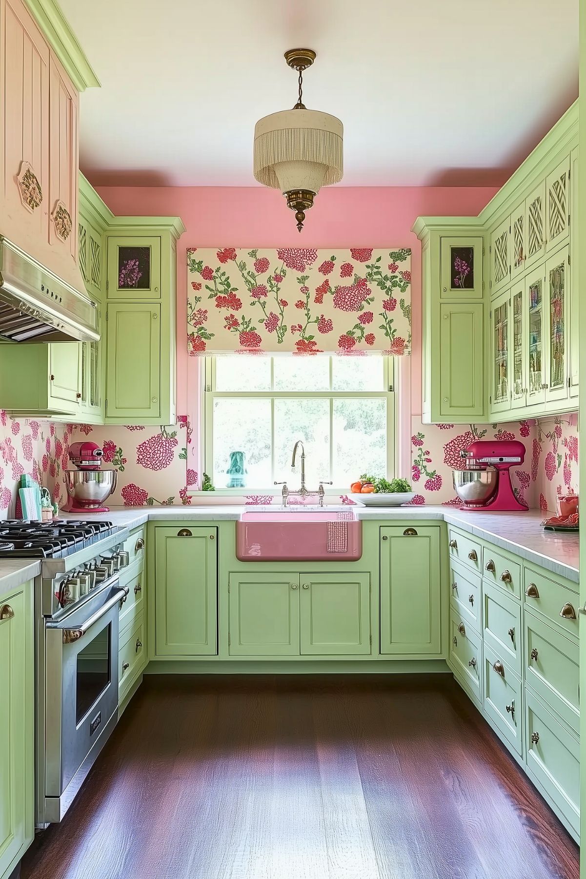 A colorful kitchen with soft green cabinets and pink floral wallpaper, creating a playful and vintage atmosphere. The pink farmhouse sink adds a bold focal point beneath a window dressed with matching floral blinds. A pink stand mixer on the countertop complements the kitchen's retro vibe. The cabinetry features intricate glass paneling, and the stainless steel stove adds a modern touch to the otherwise classic space. A vintage-style chandelier hangs from the ceiling, enhancing the room's eclectic charm.