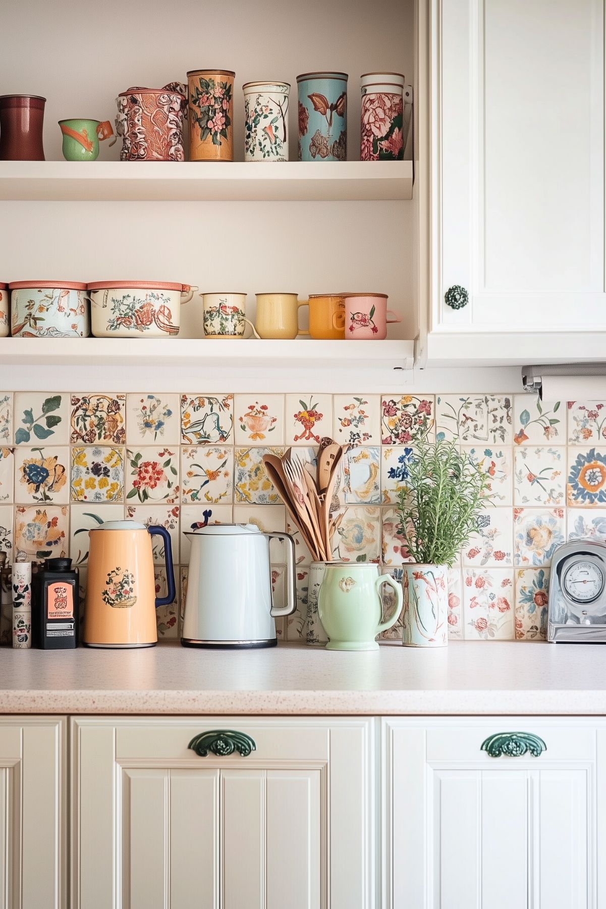 A quaint kitchen countertop featuring a variety of vintage-style mugs, teapots, and jars with intricate floral designs. The backsplash is made of hand-painted tiles showcasing various floral and botanical motifs, adding a charming, old-fashioned touch. Open shelves above the counter hold additional decorative containers in soft pastel and earthy tones. A potted herb and wooden utensils bring a natural, cozy feel to the space, completing the retro aesthetic.