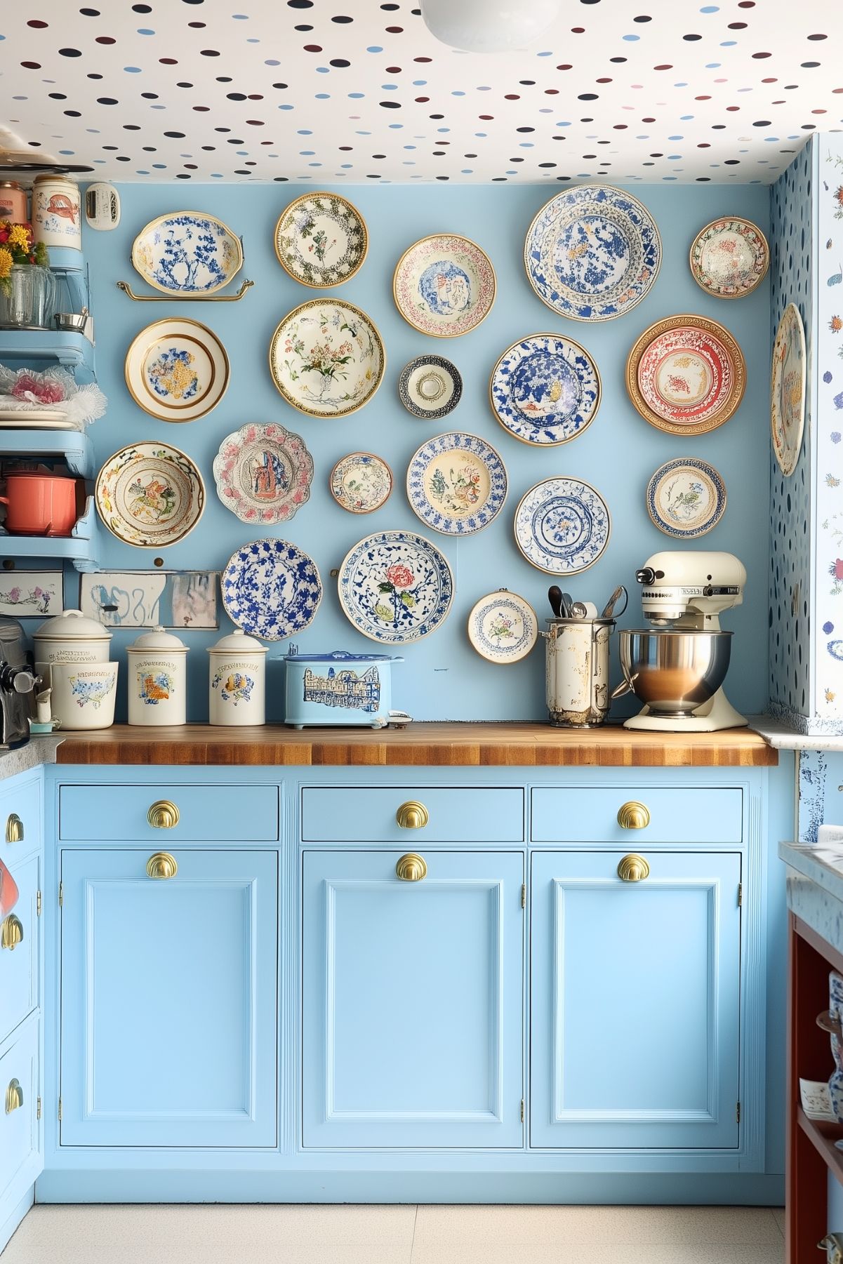 A cozy kitchen with soft blue cabinets and a wooden countertop, featuring gold drawer pulls. Above the counter, a collection of decorative plates in various floral and intricate designs is arranged on the wall, creating a charming display. The ceiling has a fun polka dot pattern, adding a playful element to the space. On the counter, vintage-inspired canisters, a stand mixer, and a blue toaster enhance the nostalgic, retro vibe. The combination of pastel colors and patterns gives the kitchen a whimsical yet organized feel.