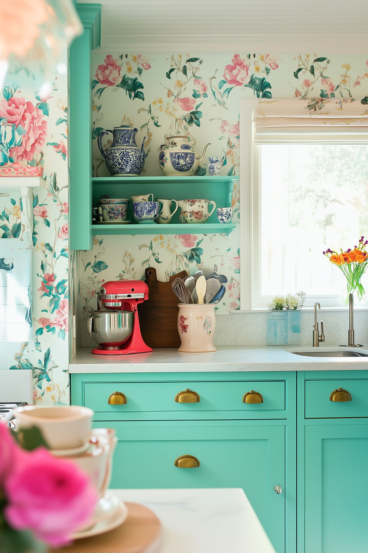 A bright and charming kitchen featuring teal cabinets with brass cup handles, complemented by vibrant floral wallpaper. The kitchen's open shelving displays blue and white china, including teapots and cups. A red stand mixer adds a pop of bold color, while a peach-colored ceramic utensil holder filled with wooden spoons sits nearby. The window above the sink brings in natural light, and a small bouquet of orange flowers adds a touch of freshness to the cozy and whimsical space.