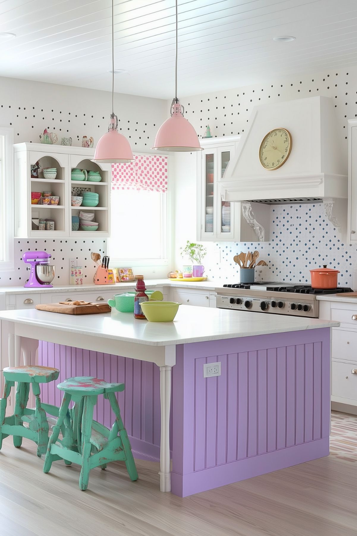 Whimsical kitchen with a lavender island featuring white beadboard accents. The kitchen is filled with playful polka dots on the walls and backsplash, combining both black and blue dots for a lively look. Soft pastel touches are seen throughout, with mint green distressed stools, a purple stand mixer, and colorful dishware on display in open shelving. Overhead, two pink pendant lights add a soft, charming glow to the space. A vintage-style clock above the stove hood completes the quirky, cheerful aesthetic.