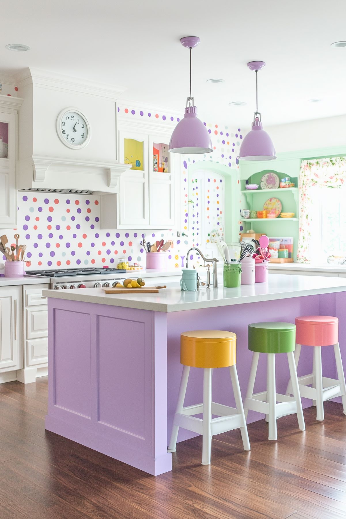 A colorful, playful kitchen featuring a lavender island with white countertops and multicolored stools in yellow, green, and pink. The backsplash is decorated with polka dots in shades of purple, pink, and orange, adding a whimsical touch. Lavender pendant lights hang above the island, while open shelves showcase vibrant dishware. The bright and cheerful space is filled with pastel accents, creating a fun, kitschy atmosphere.