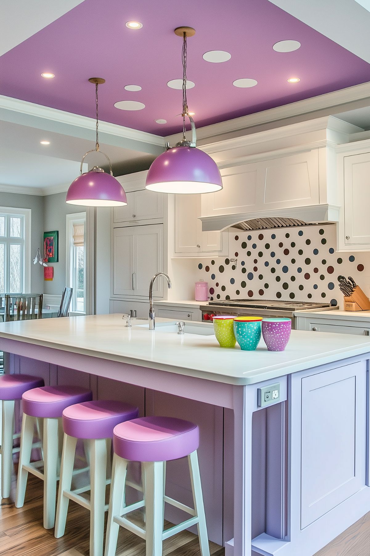 A modern kitchen with a playful purple and white color scheme. The island is painted light purple with matching barstools, topped with a white countertop. Two large purple pendant lights hang overhead, complementing the purple ceiling with white polka dots. The backsplash behind the stove features multicolored polka dots, adding a fun, quirky touch. Bright, colorful mugs sit on the countertop, enhancing the vibrant, kitschy aesthetic of the space.