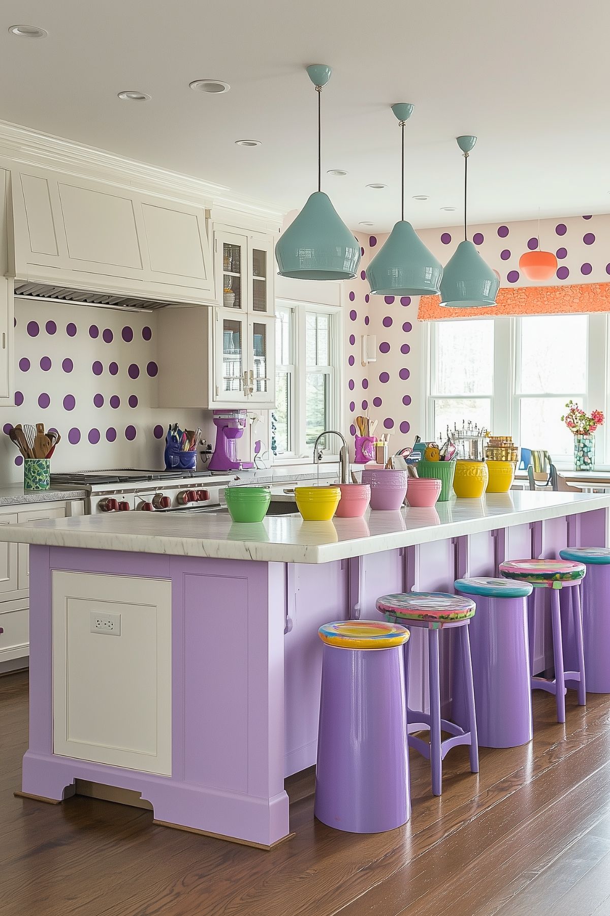 A playful and vibrant kitchen space with a white marble-topped island featuring pastel purple cabinetry. The island is lined with matching purple bar stools, each topped with multicolored seat cushions. Above the island, three large teal pendant lights hang from the ceiling, casting a cozy glow. The kitchen's back wall is decorated with bold purple polka dots, giving the space a whimsical touch. Brightly colored bowls in various shades of green, yellow, pink, and purple are neatly arranged on the island, adding to the fun and lively atmosphere.