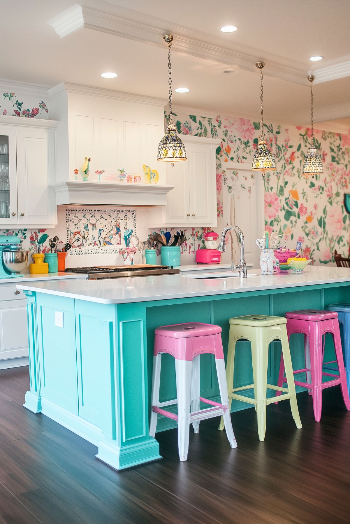 A lively and colorful kitchen with a bright teal island and a smooth white countertop. Four pastel-colored metal stools in pink, yellow, blue, and mint green line the island, giving it a playful touch. The walls are adorned with vibrant floral wallpaper, creating a cheerful backdrop. Above the island, three intricately designed pendant lights hang, casting a warm, decorative glow over the space. The white cabinetry contrasts beautifully with the bold island, and various colorful kitchen appliances and decor add to the eclectic and whimsical feel of the room.