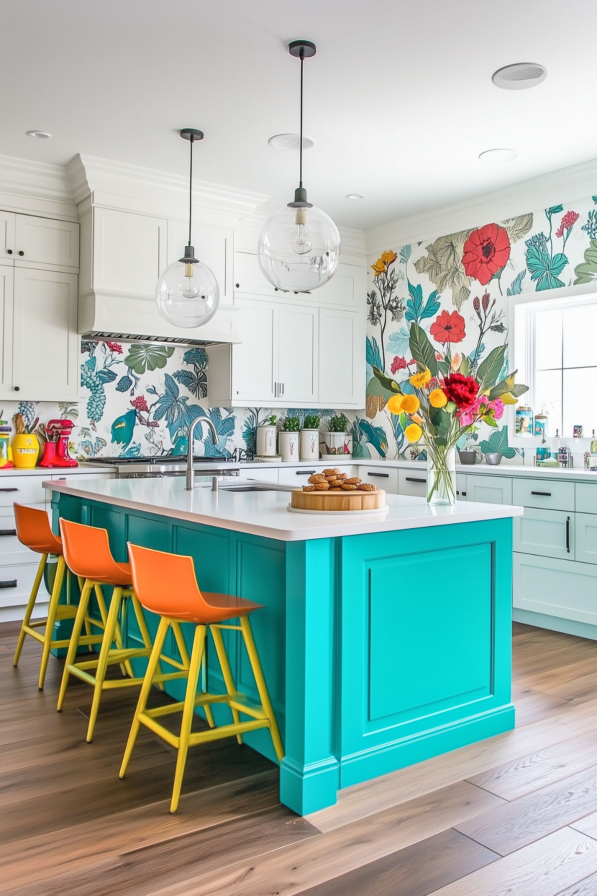 A vibrant and eclectic kitchen with a bold teal island contrasted by bright orange and yellow stools. The island is topped with a smooth white countertop, which displays a vase of colorful flowers and a tray of baked goods. The backdrop features striking floral wallpaper in shades of red, blue, and green, adding a touch of whimsy. Modern white cabinets surround the room, creating a crisp and clean balance to the playful colors. Above the island, two clear globe pendant lights hang, offering a contemporary touch to the otherwise lively and artistic space.