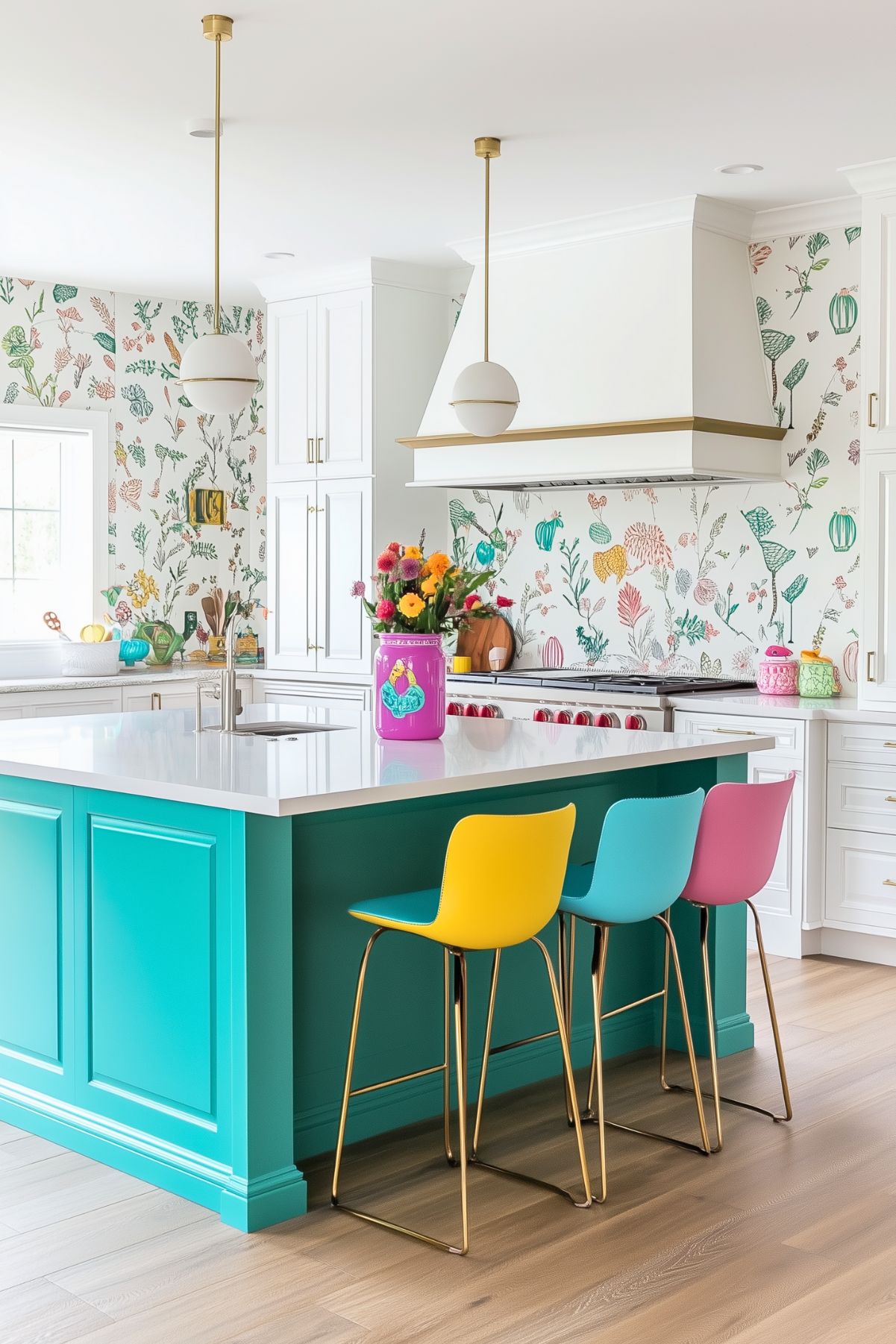 A bright, modern kitchen with a teal island and white countertops, featuring colorful barstools in yellow, blue, and pink. Floral wallpaper adds a whimsical touch, while gold pendant lights hang above the island. The white cabinetry and sleek range hood give the space a clean, polished look. A vibrant floral arrangement on the counter adds a pop of color, complementing the fun, playful atmosphere of the kitchen.