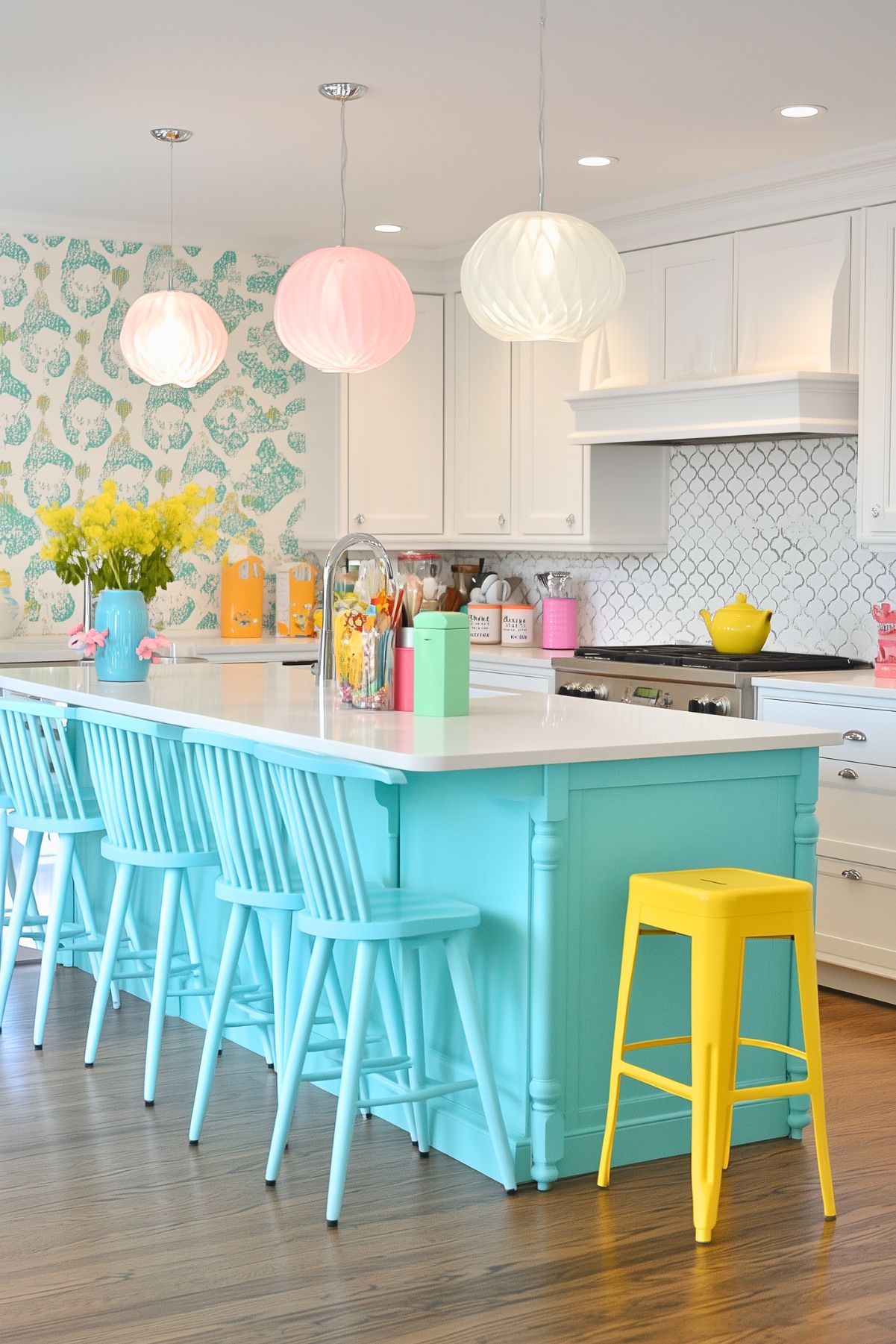 A bright and cheerful kitchen with a large, aqua-colored island as the focal point. The island is surrounded by matching aqua spindle-back bar stools, with a contrasting yellow bar stool adding a pop of color. Above the island, three whimsical pendant lights in pastel shades of pink, white, and cream hang, adding a soft and playful touch to the space. The backsplash features a subtle, geometric tile design in white, while the wallpaper along one wall showcases a fun turquoise and white pattern. The countertops are adorned with colorful kitchen accessories, creating a lively and inviting atmosphere.