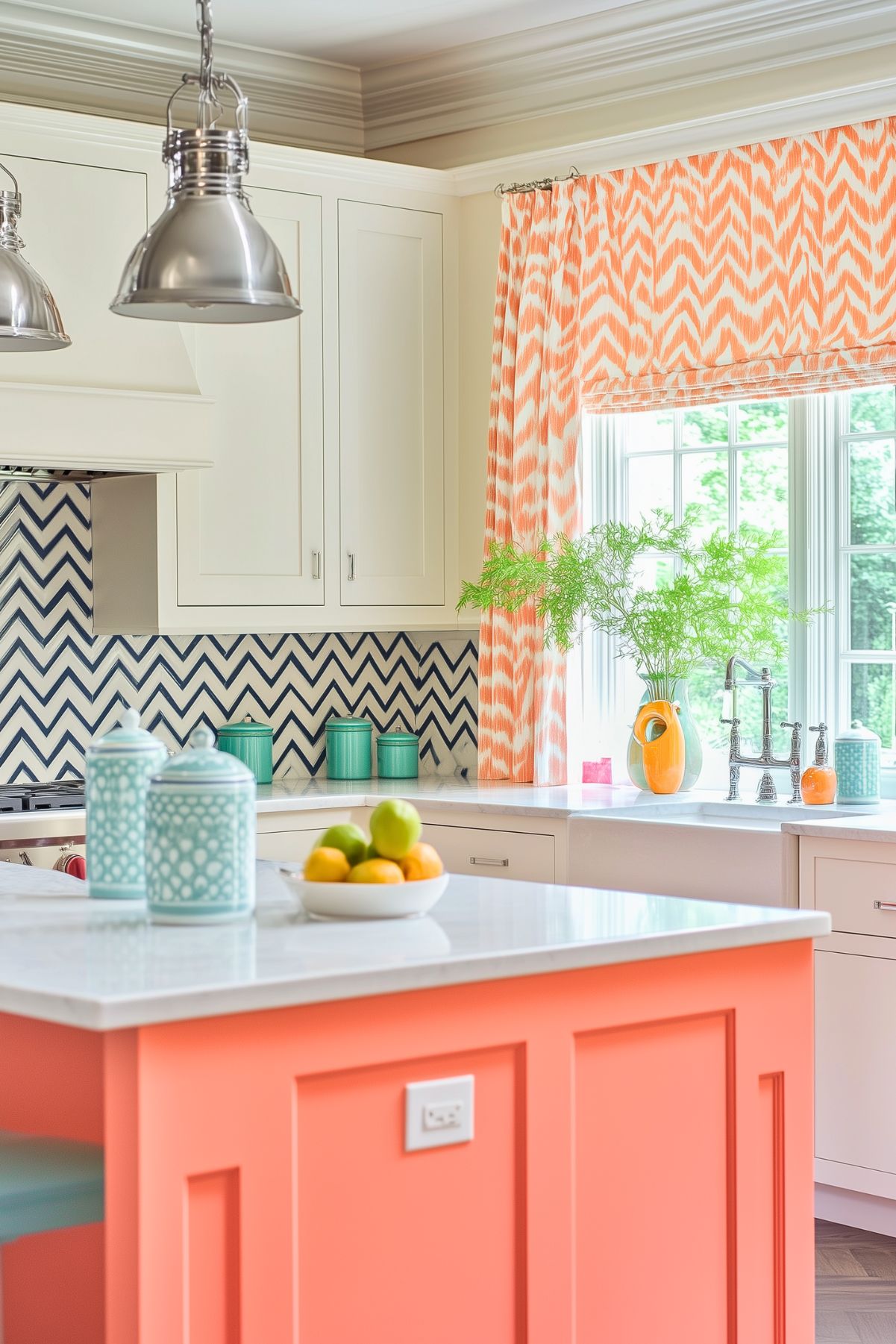 Vibrant kitchen featuring a coral island with paneling, white countertops, and a zigzag blue and white backsplash. The walls are a soft off-white, and there are teal canisters on the counter near the window. The window is framed by long, orange chevron-patterned curtains, adding a pop of color that complements the island. Stainless-steel pendant lights hang above the island, casting a soft glow over the workspace. Pops of greenery in a ceramic pitcher bring life to the room, creating a fresh and inviting atmosphere.