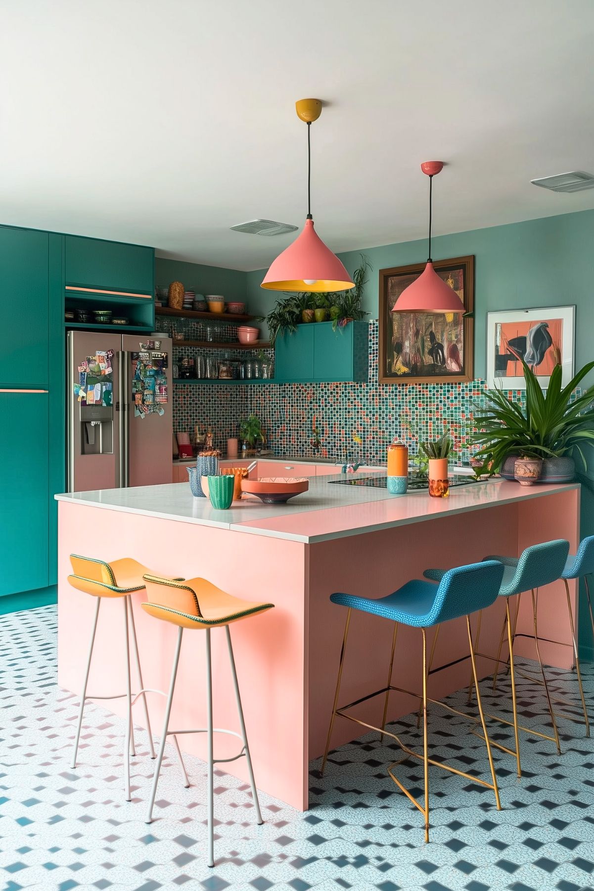 A vibrant, eclectic kitchen with a pink island and teal cabinets. The backsplash features colorful mosaic tiles that complement the playful color scheme. Bold orange and teal barstools surround the island, which is topped with bright dishware and plants. Two pink pendant lights hang overhead, adding to the retro, kitschy aesthetic. The space is filled with lively colors, patterns, and unique decor, creating a fun and inviting atmosphere.