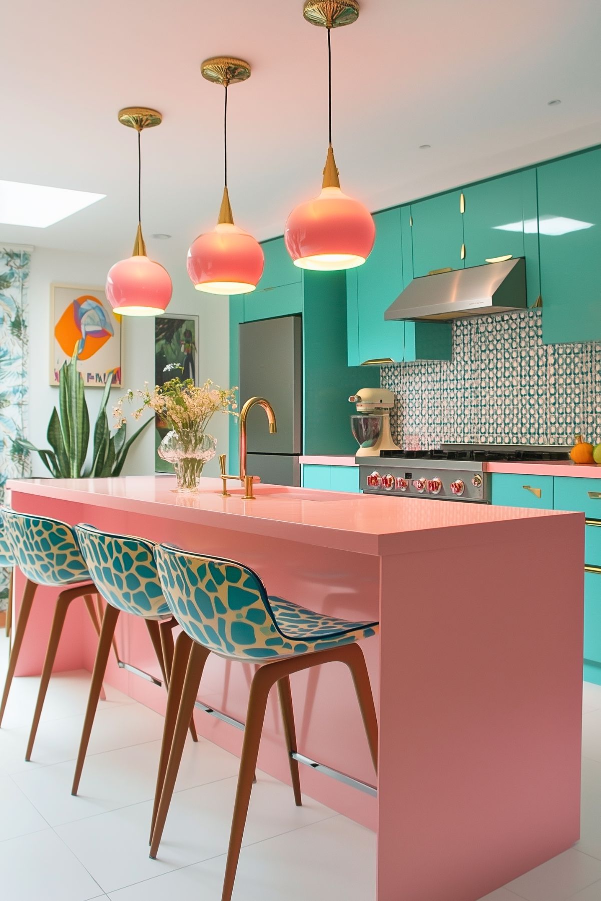 A vibrant, kitschy kitchen featuring a pink island with a gold faucet and three patterned barstools with teal and cream designs. The teal cabinetry contrasts with the pink island, while brass accents add a retro touch. Above the island hang three bubblegum-pink pendant lights with gold fixtures. The backsplash showcases a geometric, teal and white pattern, adding more personality to the colorful space. Bright artwork and a tall green plant complete the eclectic, playful design.