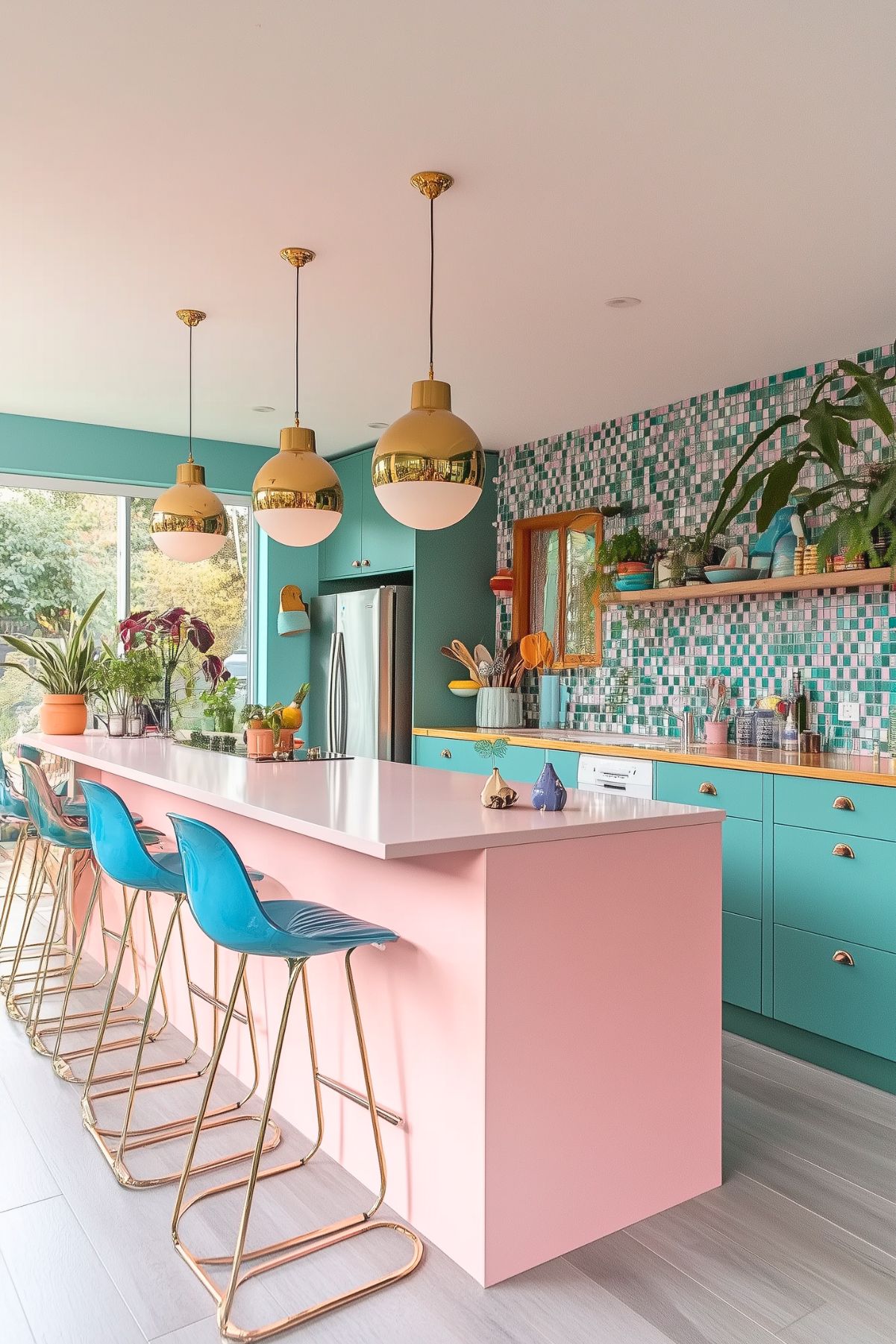 A vibrant, modern kitchen featuring a large pastel pink island with a sleek white countertop. Bright teal bar stools with gold legs line one side of the island, adding a splash of bold color. Overhead, three eye-catching gold pendant lights with round, reflective surfaces illuminate the space. The kitchen walls are adorned with teal cabinetry and a backsplash composed of small green, teal, and pink tiles, creating a fun, mosaic effect. Plants, colorful dishes, and kitchen accessories bring in a lively, eclectic feel, while the stainless steel refrigerator and light wood flooring complete the contemporary design.