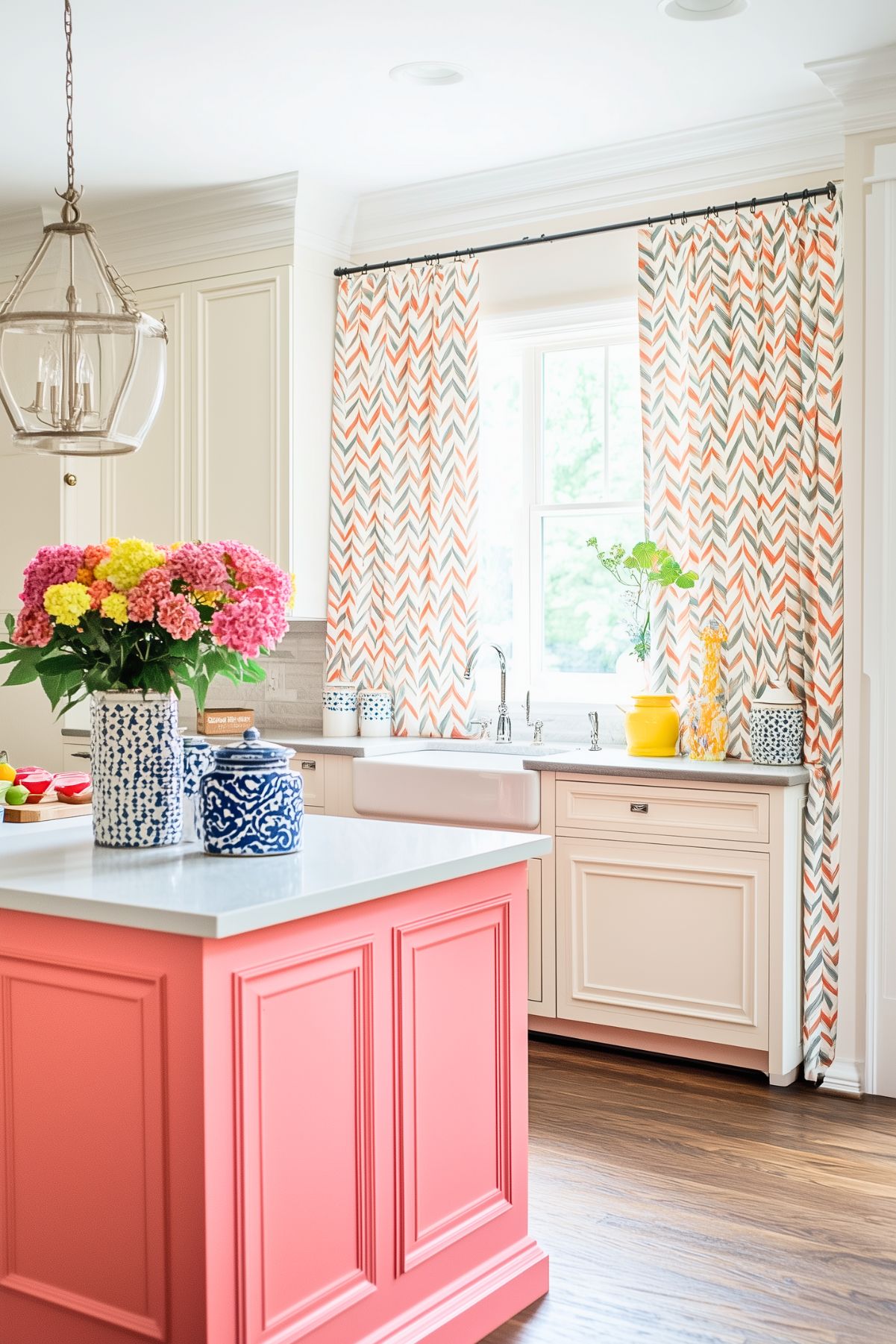 A bright and cheerful kitchen with a coral-colored island topped with a white countertop. The space features a farmhouse sink and cream-colored cabinetry. The window is framed by bold, chevron-patterned curtains in shades of orange, beige, and gray. A large vase of vibrant pink and yellow flowers sits on the island, alongside blue-and-white patterned jars. The warm wood flooring adds contrast, and the modern light fixture hanging above the island gives the space a clean, airy feel. The decor combines playful patterns with a fresh, inviting atmosphere.