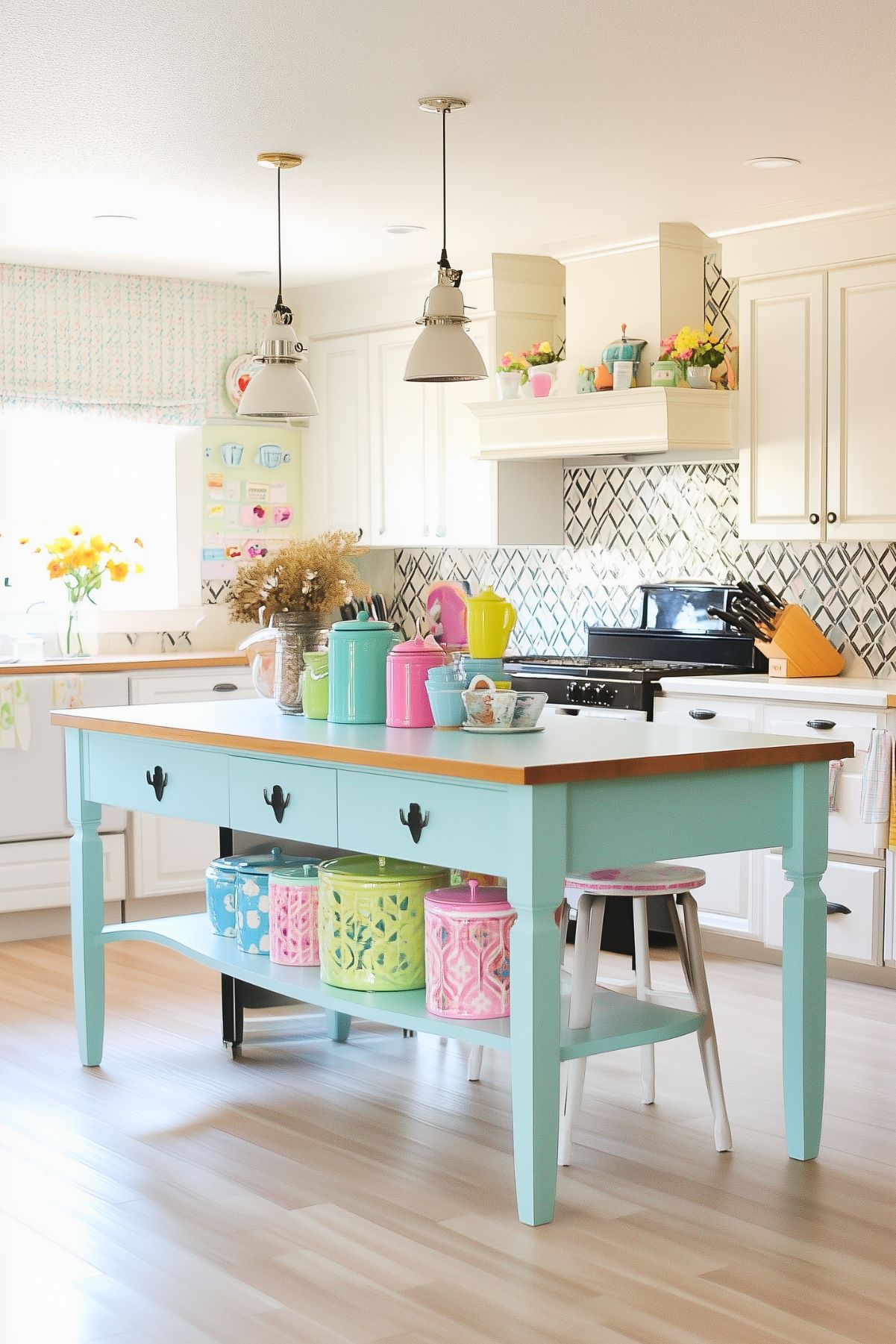 A bright, cheerful kitchen featuring a light turquoise island with a wooden countertop. The island is decorated with colorful canisters and has matching stools tucked underneath. The surrounding cabinetry is white, with a black-and-white patterned backsplash adding a modern contrast. Bright teapots, mugs, and flowers on the counter enhance the playful and colorful atmosphere. Pendant lights hang over the island, creating a cozy, inviting space filled with vibrant decor and functional charm.