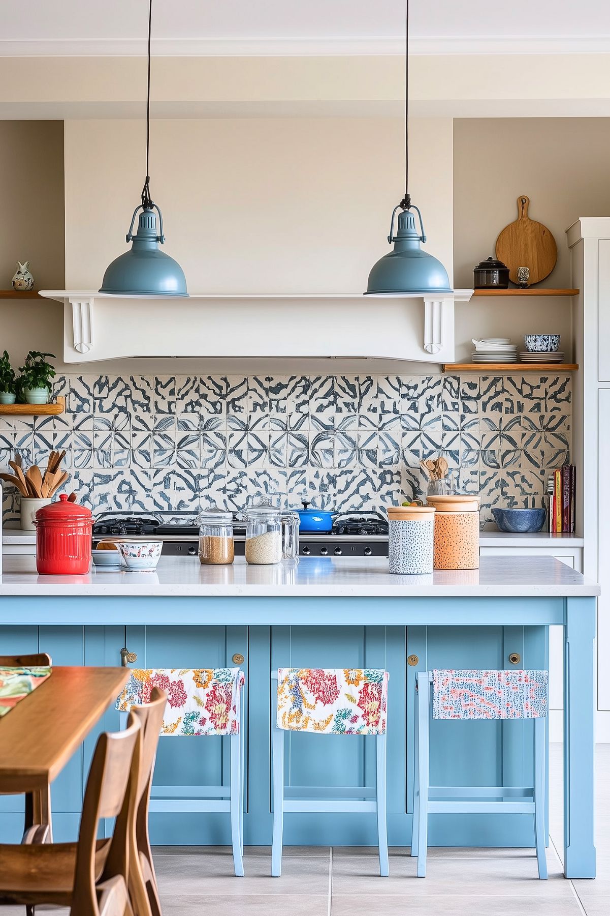 A cozy kitchen with a blue and white color scheme featuring patterned blue tile backsplash and light blue cabinetry. The island is adorned with floral towels hanging from the back of pastel blue chairs. Two industrial-style blue pendant lights hang above the island. Glass jars with pantry essentials sit on the counter, along with a bright red pot. Wooden shelves display dishware and cooking utensils, adding warmth and charm to the inviting, kitschy space.