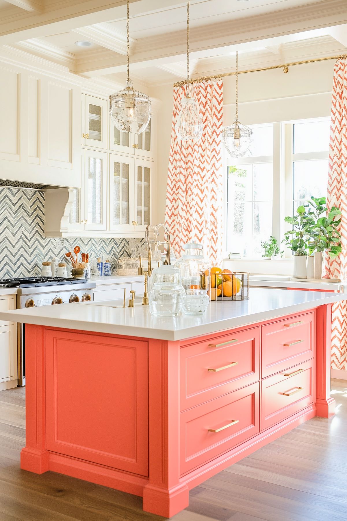 A bright and airy kitchen featuring a bold coral island with brass hardware and a sleek white countertop. Above the island, two elegant glass pendant lights hang, adding a touch of sophistication. The kitchen’s backsplash is designed with a modern gray and white chevron pattern, complementing the light cabinetry. The vibrant coral color is echoed in the zigzag-patterned curtains, which frame a large window letting in ample natural light. Gold accents on the faucet and drawer handles enhance the warmth of the space, while fresh oranges in a basket and greenery by the window add organic elements.