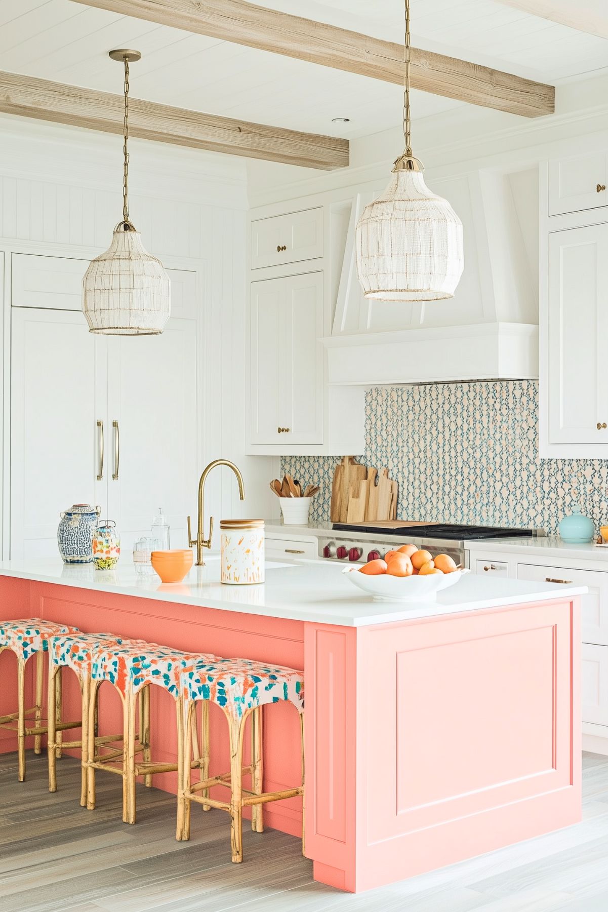 A bright kitchen featuring a coral-colored island with a white countertop and gold faucet. The island is paired with wooden barstools, upholstered in colorful patterned fabric. Two woven pendant lights hang from the ceiling, adding texture to the space. The white cabinetry and light wood beams create a clean, airy feel, while the mosaic tile backsplash adds a subtle pop of pattern. A bowl of fresh oranges and decorative kitchen items sit on the countertop, enhancing the vibrant, yet elegant aesthetic of the room.