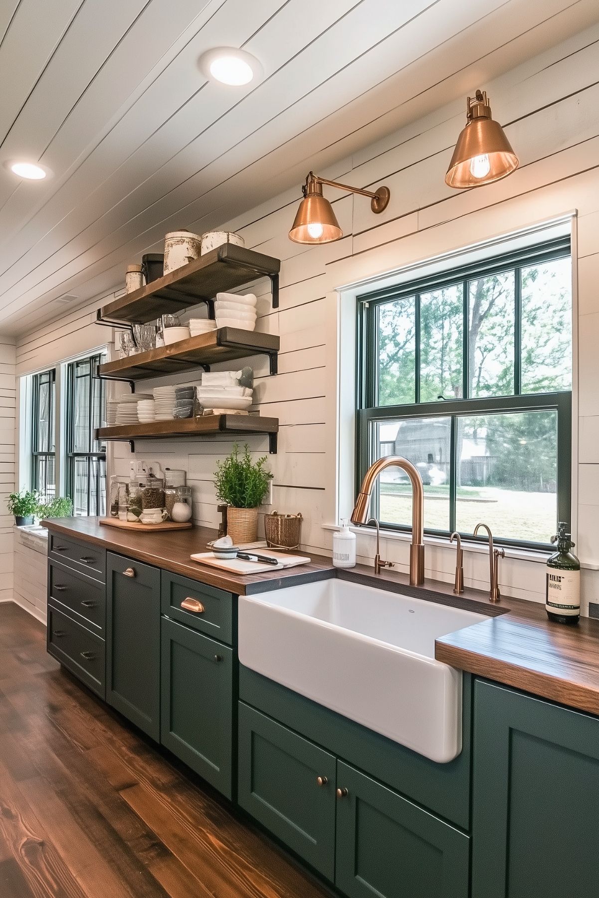 A cozy kitchen with dark green cabinets and copper hardware, featuring a large farmhouse sink with a wooden countertop. Above the counter, open wooden shelves hold white dishware and glass jars, while copper wall sconces provide warm lighting. The white shiplap walls and ceiling contrast beautifully with the dark green cabinetry, creating a rustic yet modern aesthetic. Large windows bring in natural light, and potted herbs add a touch of greenery, making the space feel fresh and inviting.