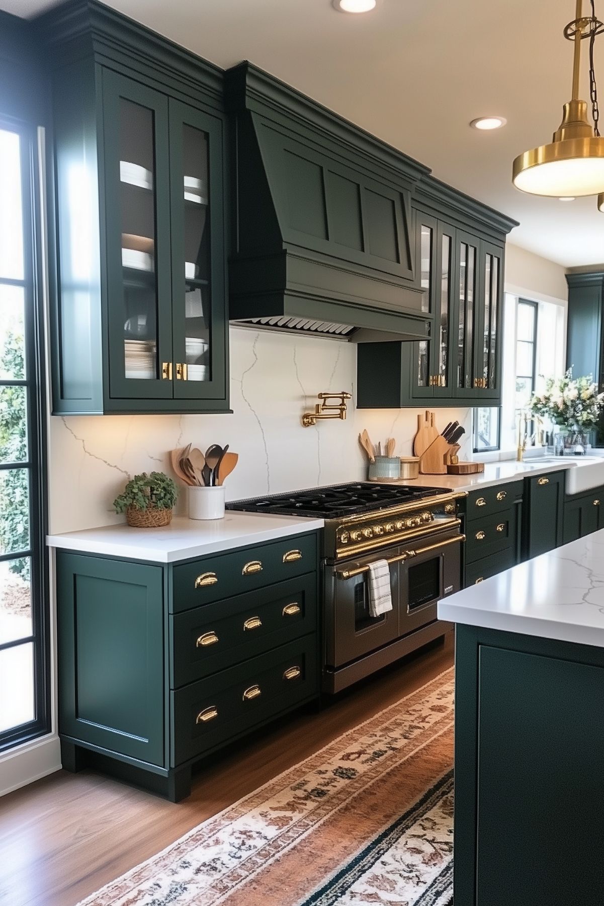 A kitchen with dark green cabinets featuring sleek copper handles and a gray countertop. On the counter, a minimalist arrangement includes a concrete utensil holder, copper containers, and a small jar with a sprig of eucalyptus. The modern, clean lines and the contrast between the dark cabinetry and the metallic accents create a refined and stylish aesthetic. The overall look is understated yet elegant, blending functionality with contemporary design elements.