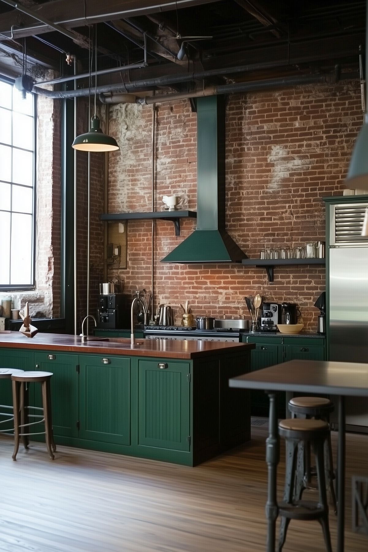 A stylish industrial kitchen featuring dark green cabinets and a matching range hood, set against exposed brick walls. The kitchen island, with a wooden countertop and metal stools, anchors the space, while overhead industrial lighting enhances the loft-like aesthetic. Stainless steel appliances add a modern touch, and the large window lets in natural light, contrasting with the dark, moody vibe of the space. The combination of exposed pipes, brick, and dark green cabinetry creates a rustic yet contemporary industrial feel.