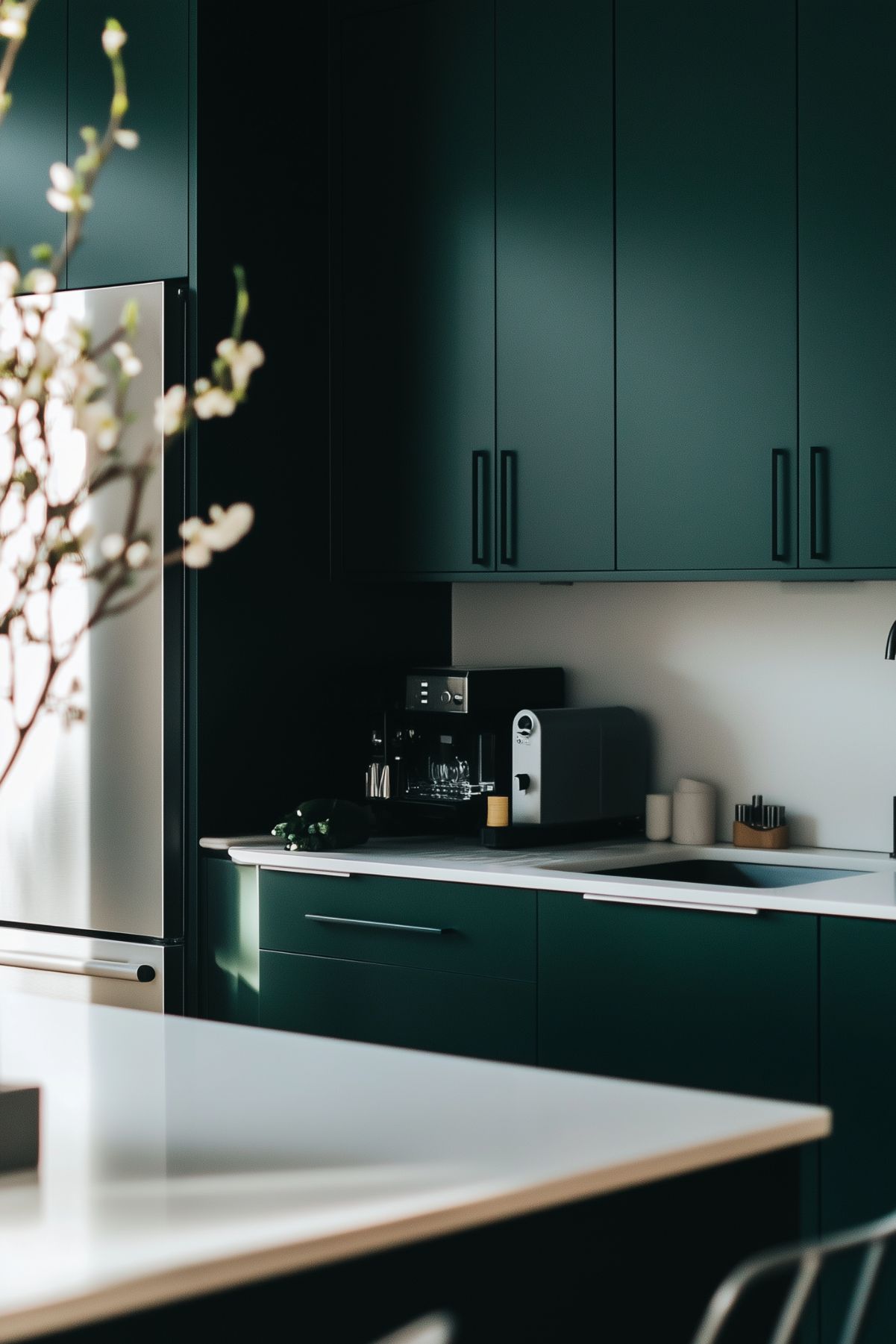 Modern kitchen with dark green cabinetry, white countertops, stainless steel appliances, and a coffee machine, featuring minimalist decor and soft natural lighting.