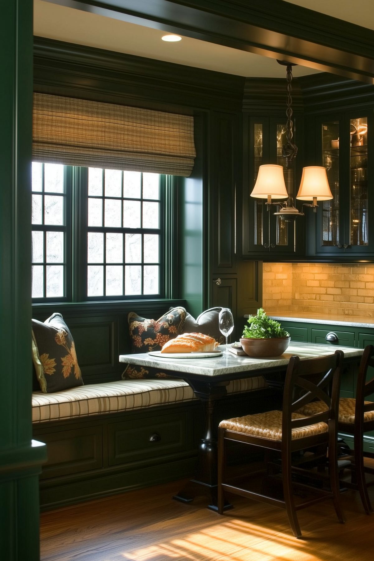 Cozy kitchen nook with dark green cabinetry, a built-in window bench with patterned pillows, a small dining table, and warm lighting, featuring a brick backsplash and wooden flooring for a comfortable, inviting space.