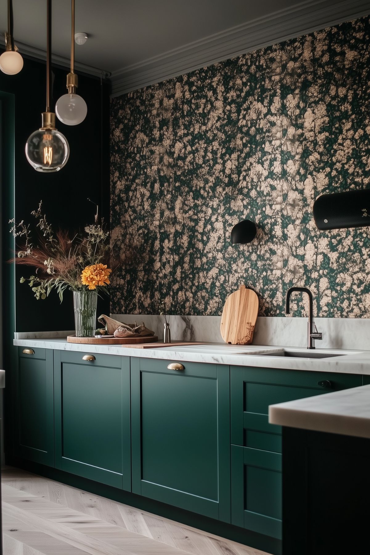 Modern kitchen with dark green cabinets, marble countertops, and brass hardware, featuring bold patterned wallpaper, pendant lighting, and a minimalist design for a stylish and contemporary look.