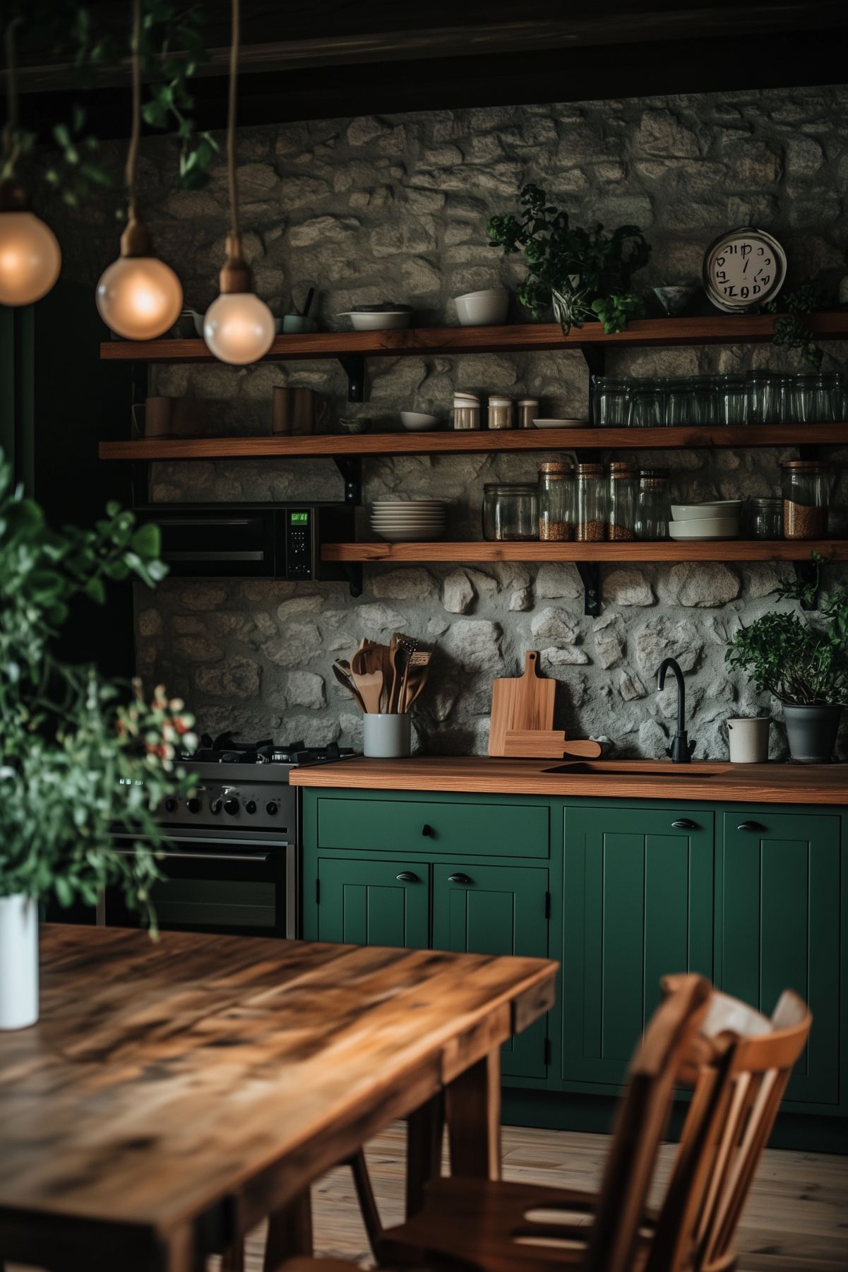 A rustic kitchen featuring dark green cabinets with wooden countertops, set against a textured stone wall. Open wooden shelves hold dishes, jars, and plants, adding to the earthy, natural aesthetic. Warm pendant lights hang above the wooden dining table, casting a cozy glow over the space. The combination of natural stone, wood, and greenery creates a warm, inviting atmosphere with a farmhouse charm. The mixture of rustic and modern elements, such as the stone wall and dark cabinetry, gives the kitchen a moody yet homely feel.