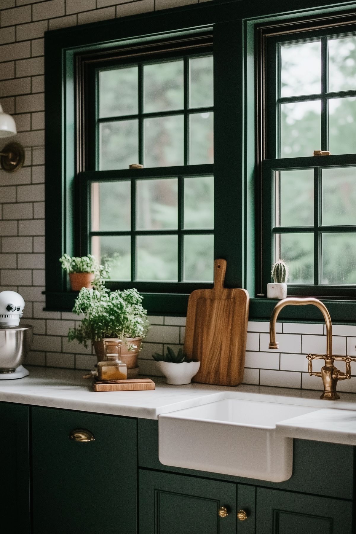 A charming kitchen with dark green cabinets, a white farmhouse sink, and brass fixtures. The countertop features potted herbs, a wooden cutting board, and small decorative elements, adding warmth and personality to the space. The backsplash is made of classic white subway tiles, and two large green-framed windows bring in natural light, enhancing the fresh and cozy feel of the room. The contrast between the dark cabinetry and the bright white tiles creates a stylish, timeless look. The space is both functional and inviting, with a touch of rustic charm.