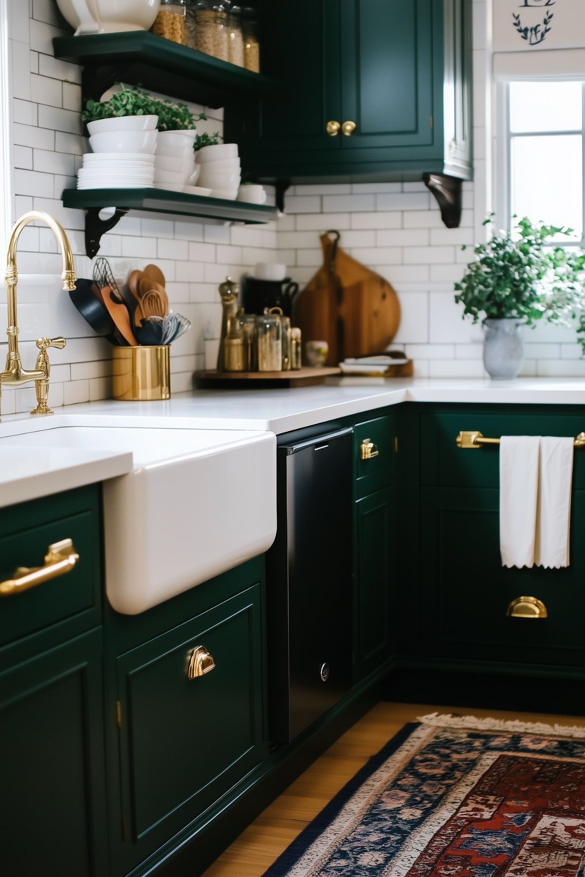 A cozy kitchen with dark green cabinets, brass hardware, and a white farmhouse sink. The countertop is clean and bright, with a brass faucet adding a touch of elegance. The backsplash features classic white subway tiles, and open shelves display dishware and glass jars. A potted plant and wooden cutting boards add warmth and natural elements to the space. A richly patterned rug on the floor enhances the cozy feel, while the combination of deep green, brass, and white creates a timeless and inviting atmosphere.