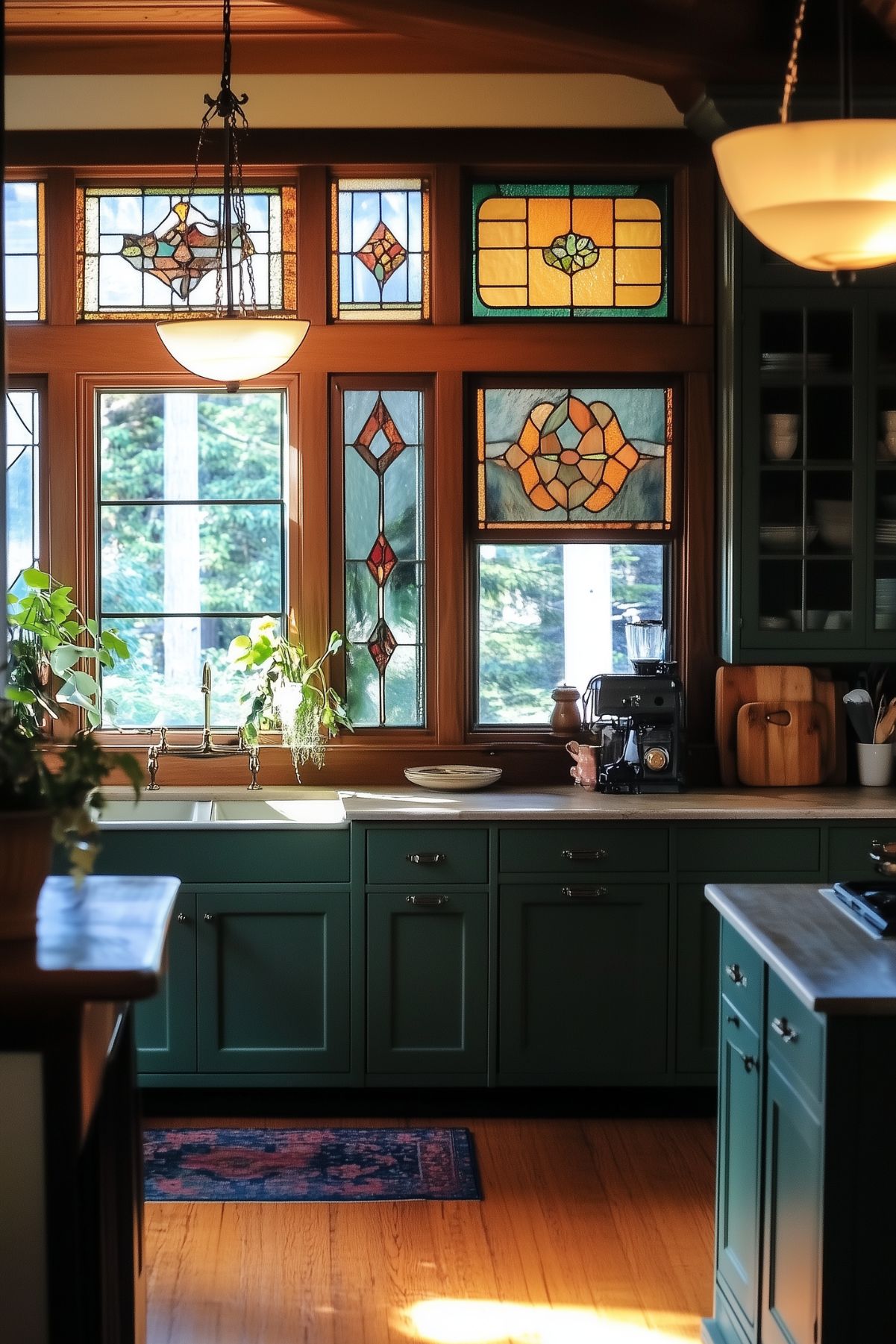 Green kitchen with stained glass windows, wooden floors, green cabinetry, and a vintage-style sink, featuring natural light and potted plants.