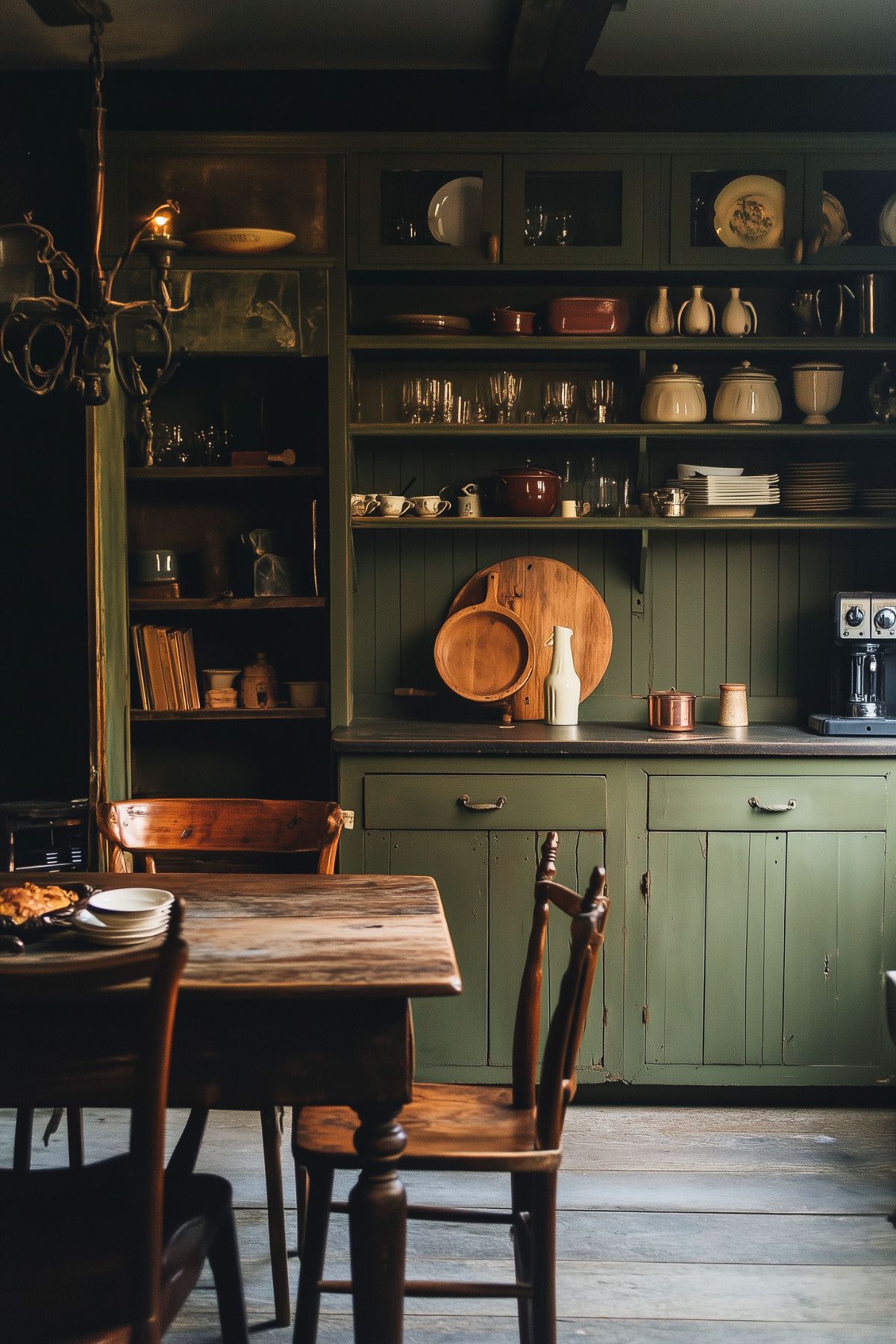 Vintage kitchen with dark green cabinetry, open shelves displaying rustic dishware, wooden dining table and chairs, and warm ambient lighting from a chandelier, featuring a cozy and antique atmosphere.