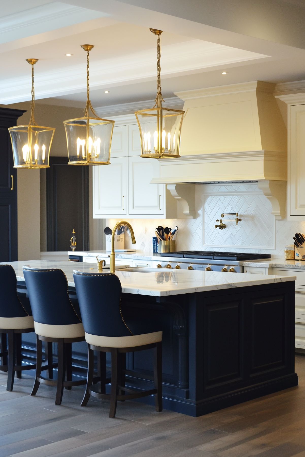 A luxurious kitchen with a navy blue island, white countertops, gold pendant lights, and matching gold fixtures. Navy and cream barstools line the island.