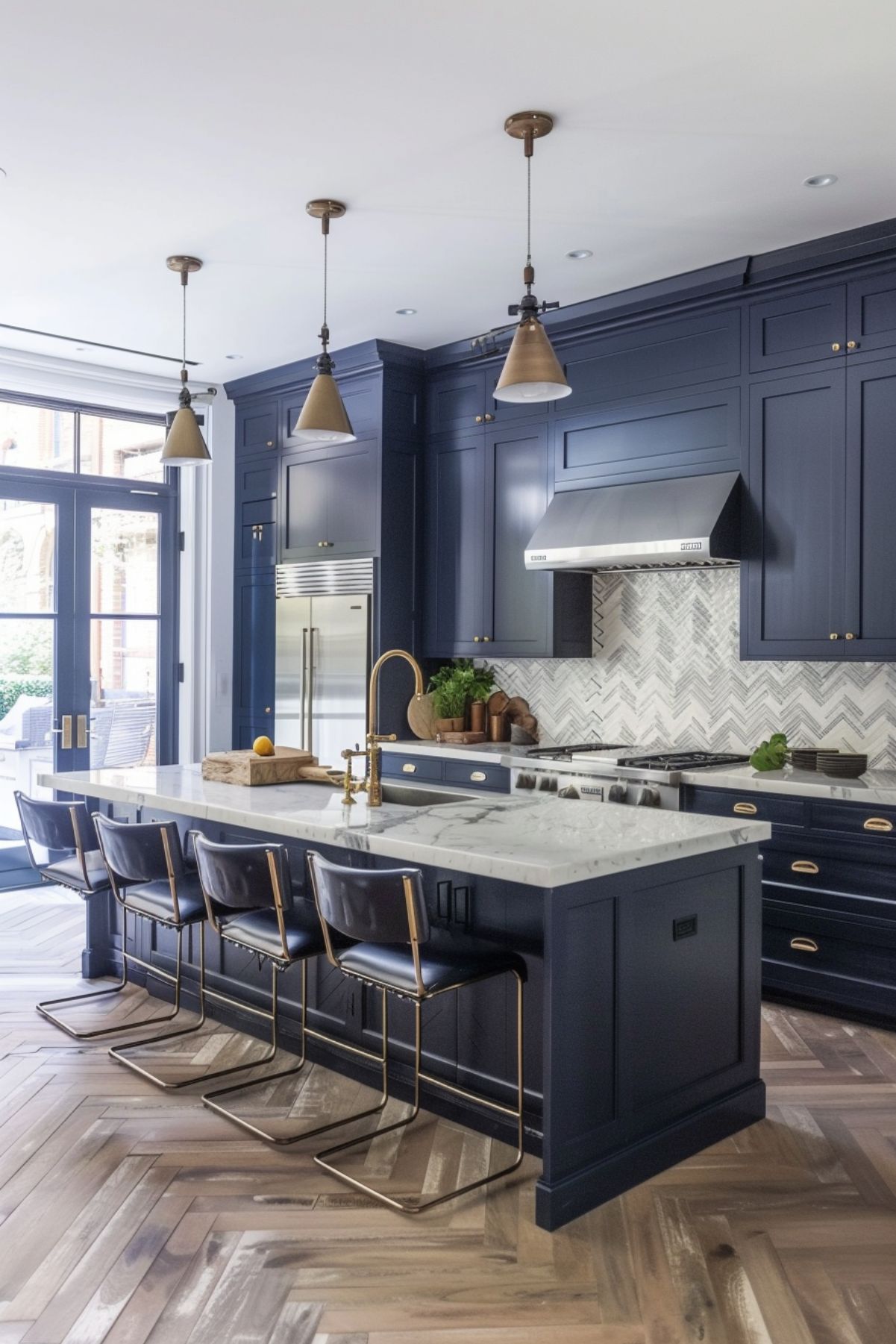 A contemporary kitchen with navy blue cabinetry, a marble island, and brass fixtures. The space features a herringbone-patterned backsplash and wooden herringbone flooring. Sleek black barstools with gold accents line the island, creating a chic and modern look.