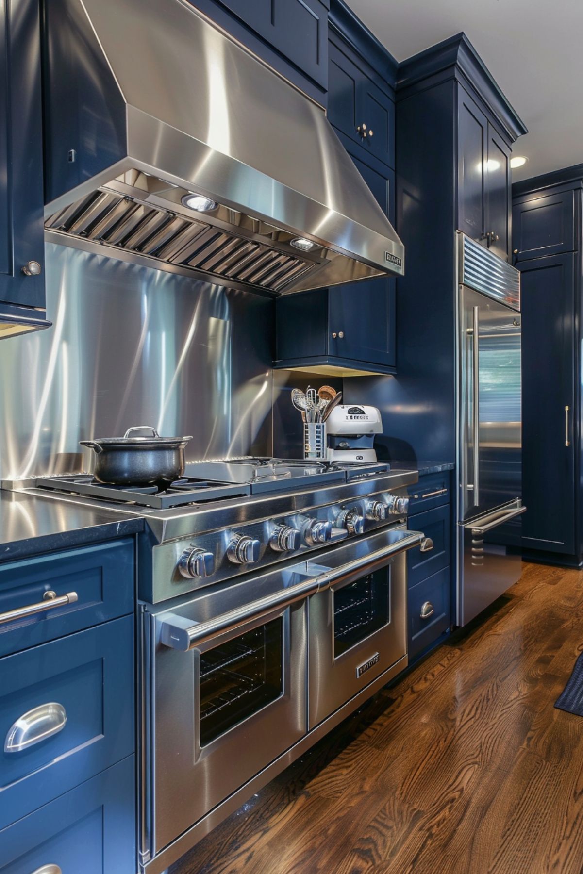 A sleek kitchen with navy blue cabinetry and stainless steel appliances, including a large range and vent hood. The shiny metallic backsplash and dark wooden flooring create a modern, industrial look.