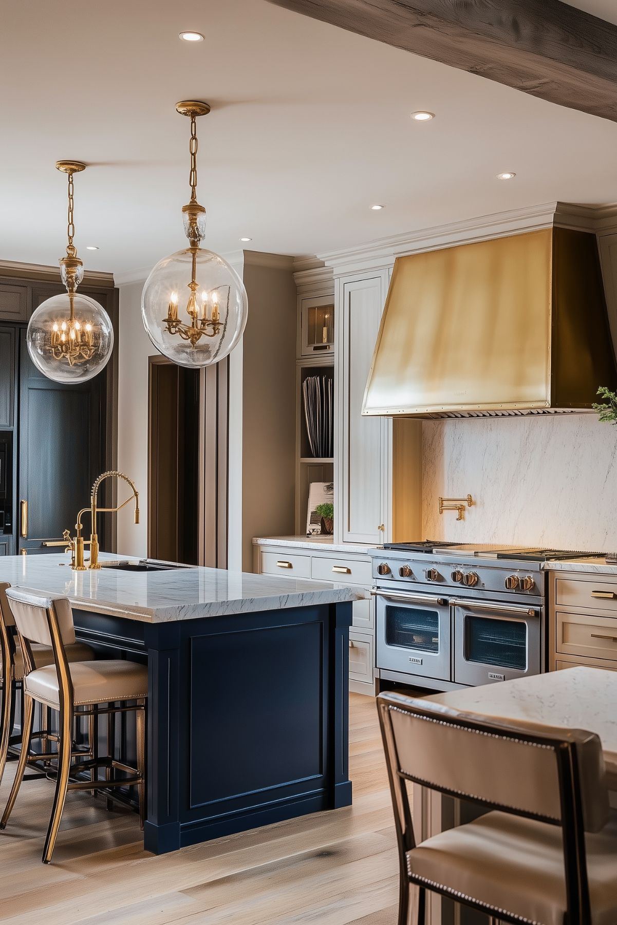 A luxurious kitchen with a navy blue island and marble countertops, complemented by gold accents. The space features large globe pendant lights, a grand brass range hood, and elegant beige cabinetry. The design balances modern and traditional elements for a sophisticated and timeless look.