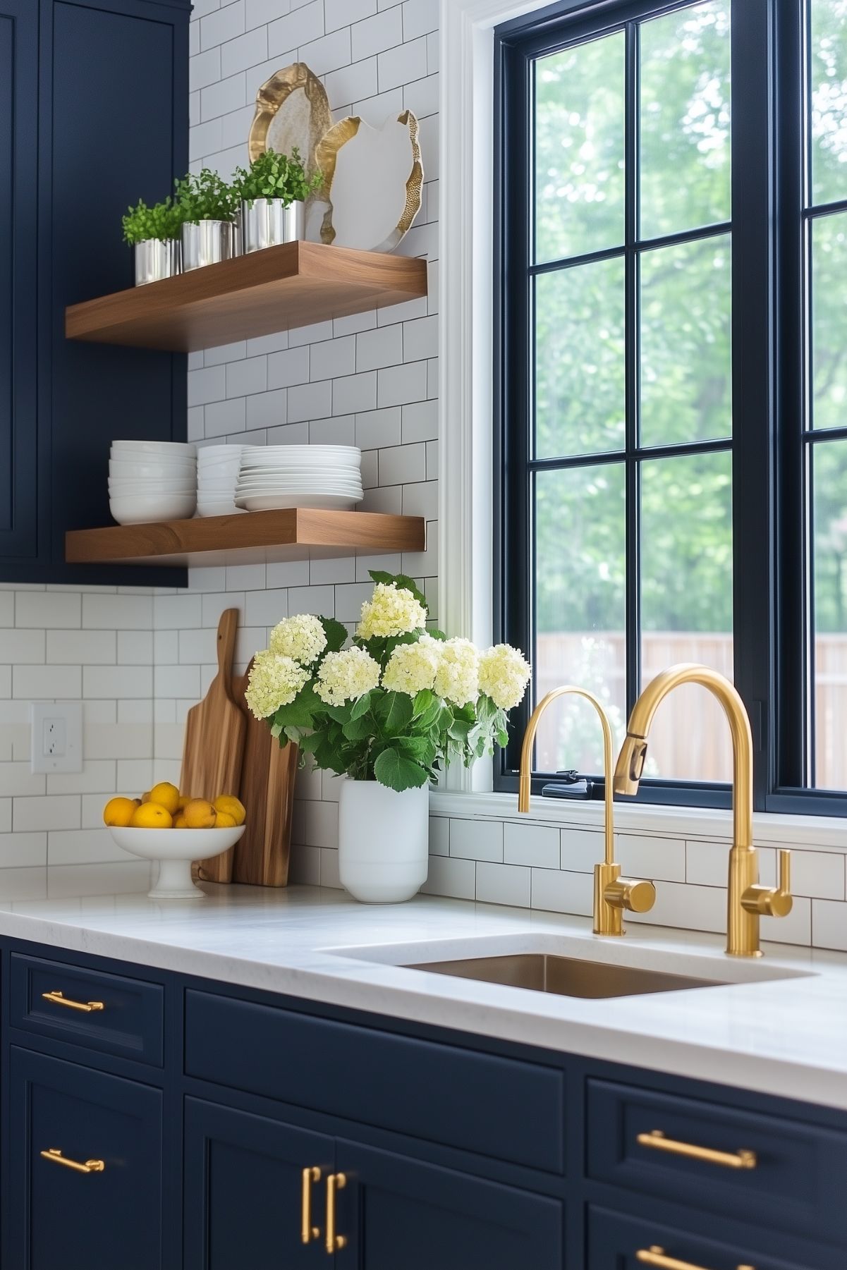 A bright kitchen with navy blue cabinetry, white countertops, and brass fixtures. The backsplash features white subway tiles, while wooden floating shelves hold dishes and potted plants. A vase of white hydrangeas and a bowl of lemons add a fresh touch to the space, complementing the natural light from the large window.