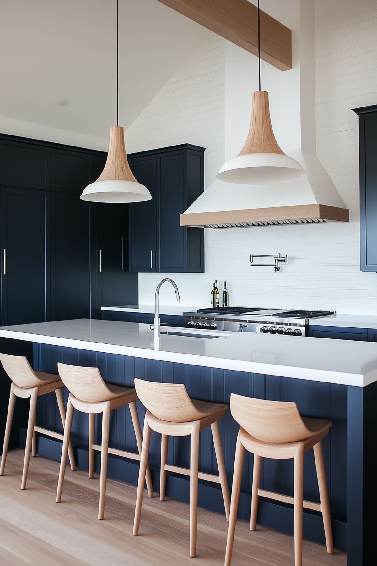 A minimalist kitchen featuring navy blue cabinetry, white countertops, and light wood accents. The island is complemented by sleek wooden barstools, and the space is illuminated by modern pendant lights with matching wood finishes. The clean lines and neutral tones create a warm, Scandinavian-inspired design.