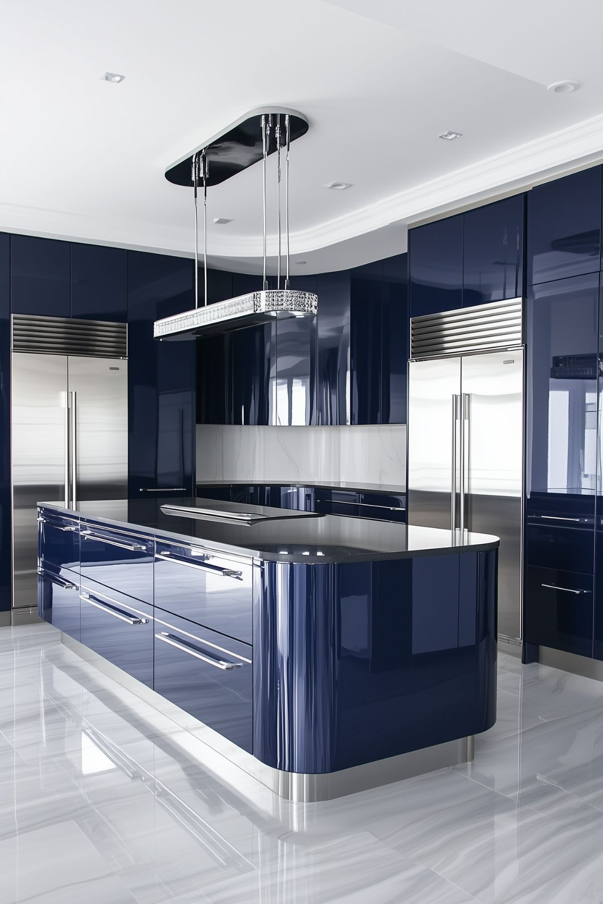 A sleek, ultra-modern kitchen featuring glossy navy blue cabinetry and stainless steel appliances. The large island has a smooth, curved design with chrome accents, and the reflective surfaces create a polished, high-tech look. The marble-like floors add a touch of elegance, while the minimalist lighting fixture above the island complements the clean, streamlined aesthetic.