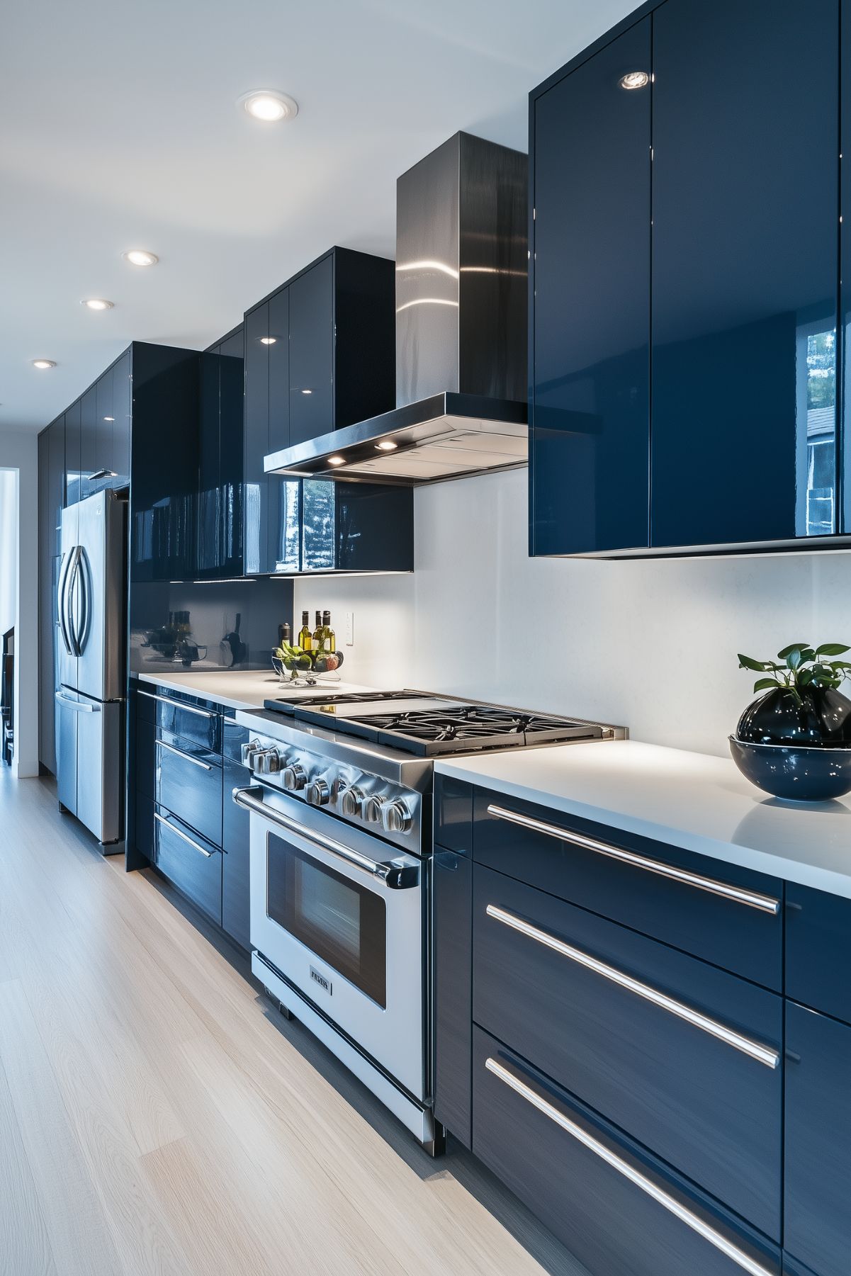 A sleek, modern kitchen with glossy navy blue cabinetry and stainless steel appliances. The space features streamlined cabinetry with chrome handles, white countertops, and a stainless steel range hood. Recessed lighting brightens the room, while the minimalist design creates a clean and contemporary atmosphere.