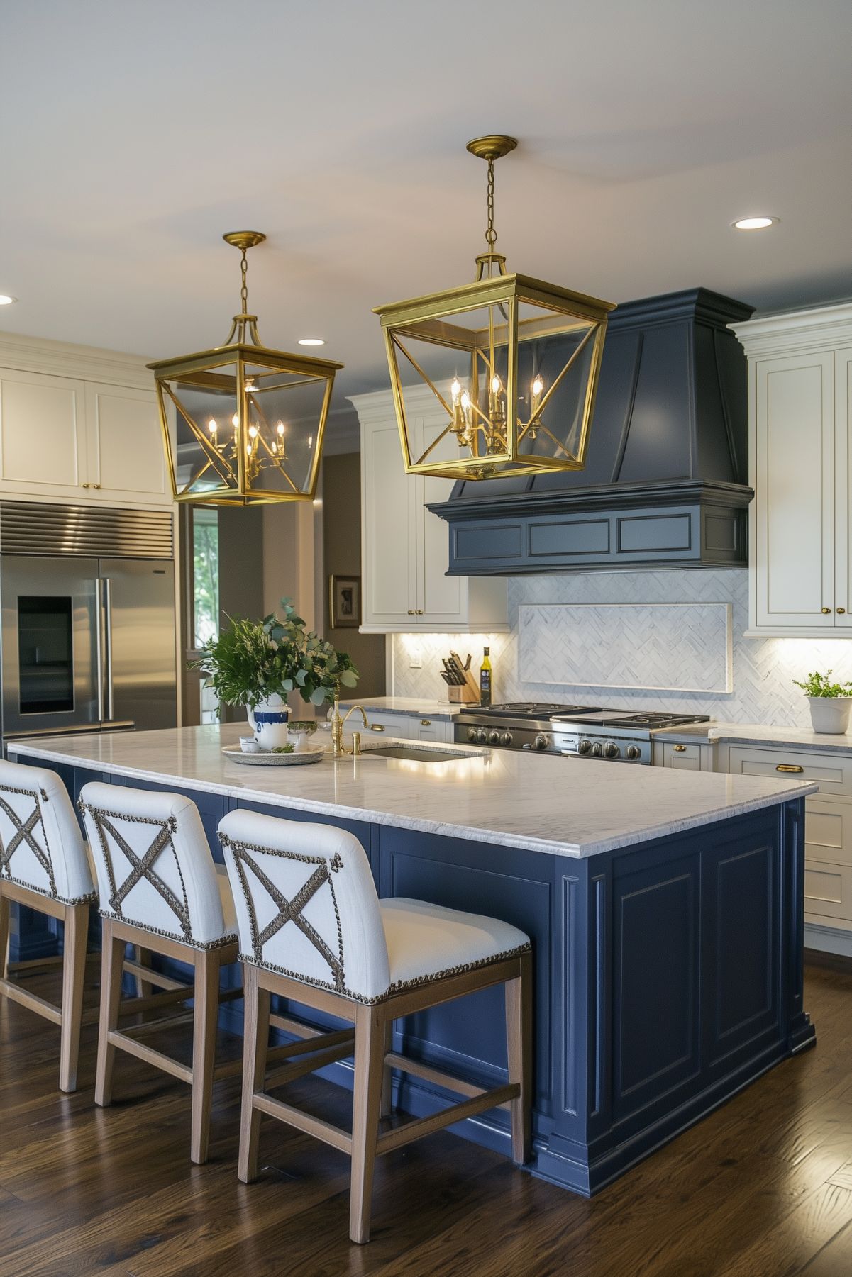 A modern kitchen with a navy blue island, white countertops, gold pendant lights, and white cabinetry. Cream barstools with wooden legs are placed around the island, creating a stylish contrast with the navy and gold accents.