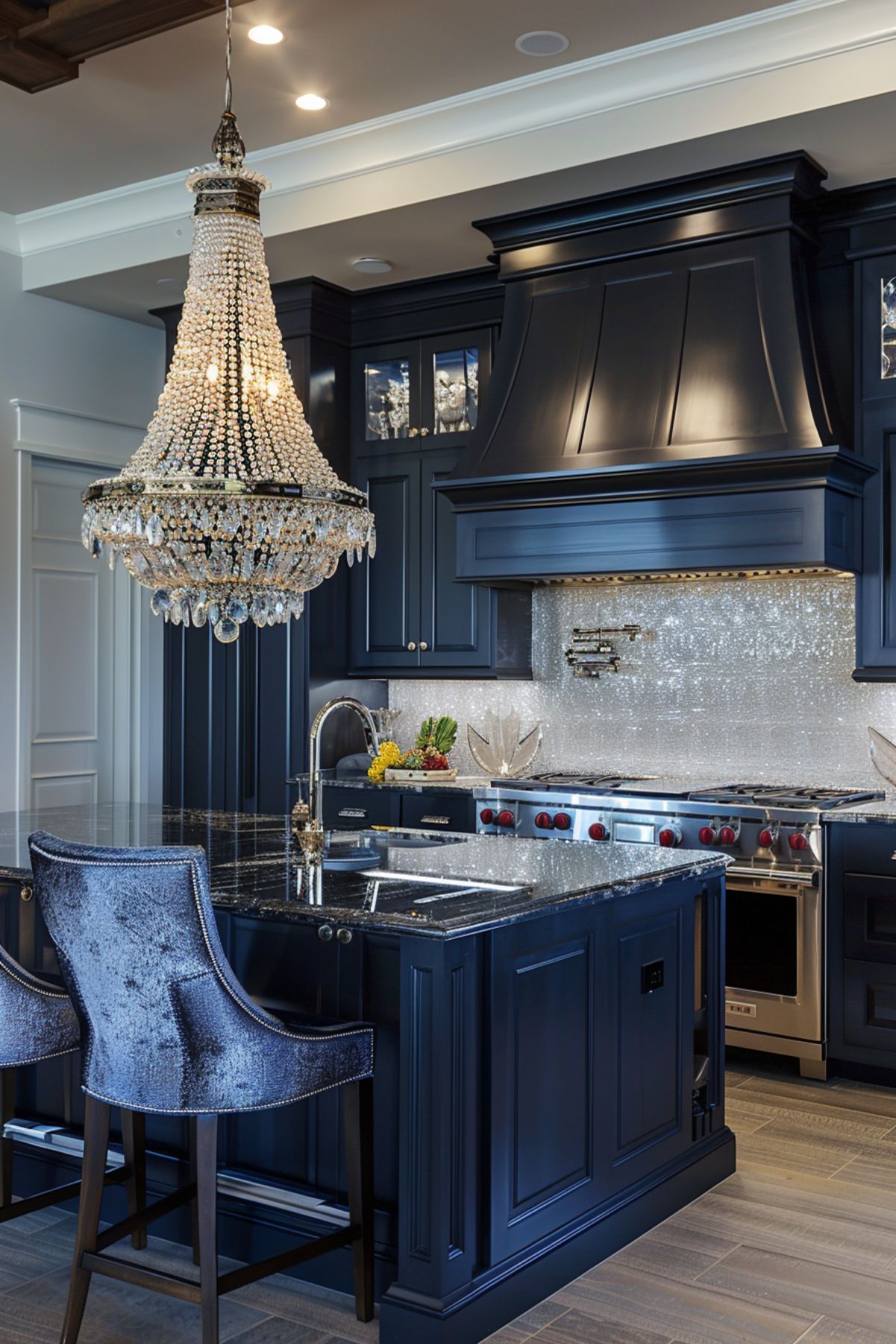 A sophisticated navy blue kitchen with a glossy black countertop and a large crystal chandelier. The space features high-end appliances, a metallic backsplash, and plush velvet barstools for an elegant, modern feel.