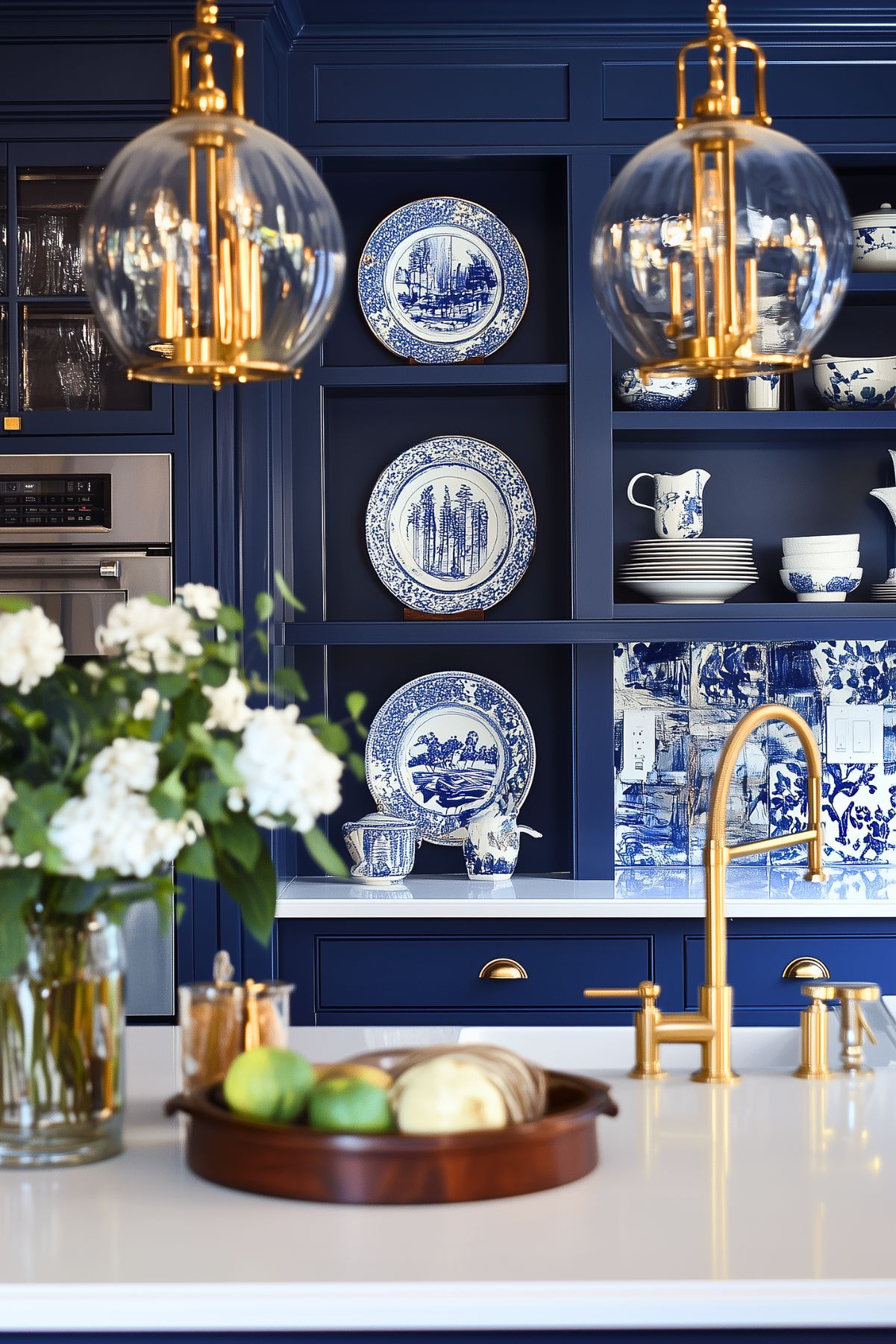 A sophisticated kitchen with navy blue cabinetry featuring open shelving that displays decorative blue-and-white porcelain plates and bowls. Brass accents, including the faucet and drawer pulls, add a touch of luxury. Two elegant glass pendant lights with brass fittings hang over the white countertop, where a wooden tray holds fresh produce. A bouquet of white flowers adds freshness and contrast.