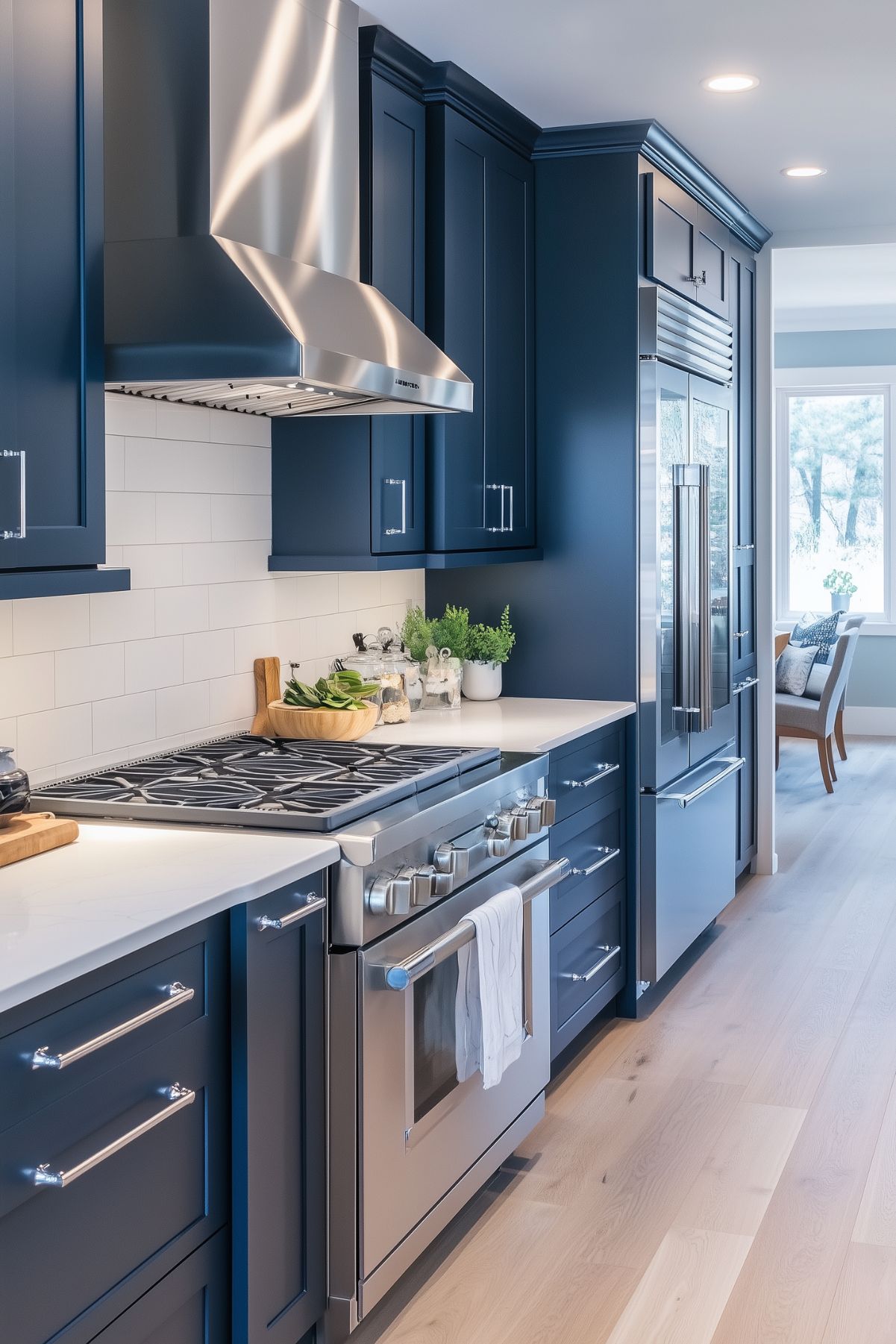 A modern kitchen with navy blue cabinetry, stainless steel appliances, and white countertops. The space features a subway tile backsplash and sleek silver hardware, while natural light pours in from a nearby window. A wooden cutting board and fresh greenery add warmth to the clean, minimalist design.