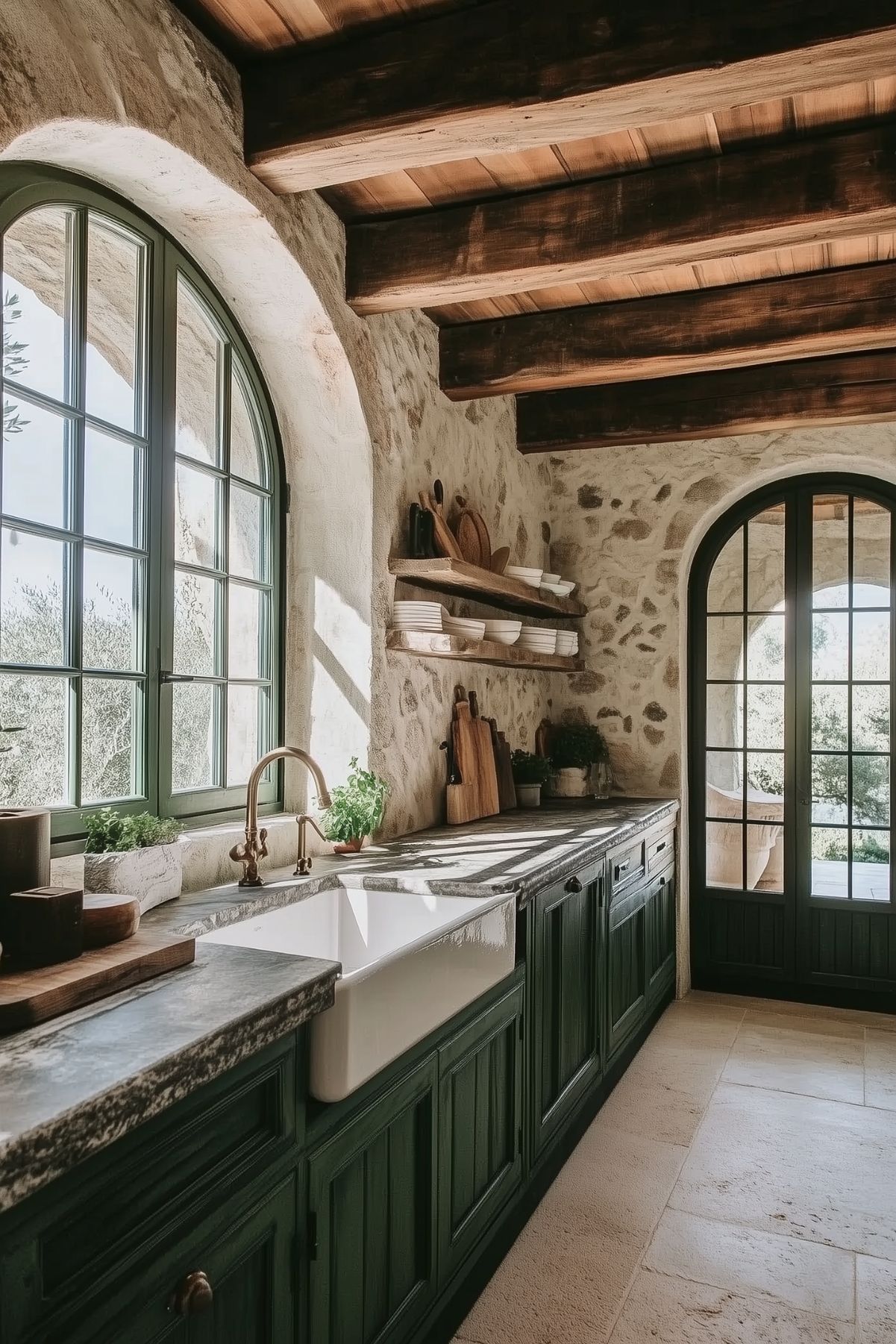 A rustic kitchen with dark green cabinetry, a farmhouse sink, and stone walls. Large arched windows and doors allow natural light to flood the space, highlighting the exposed wooden beams and open shelving.