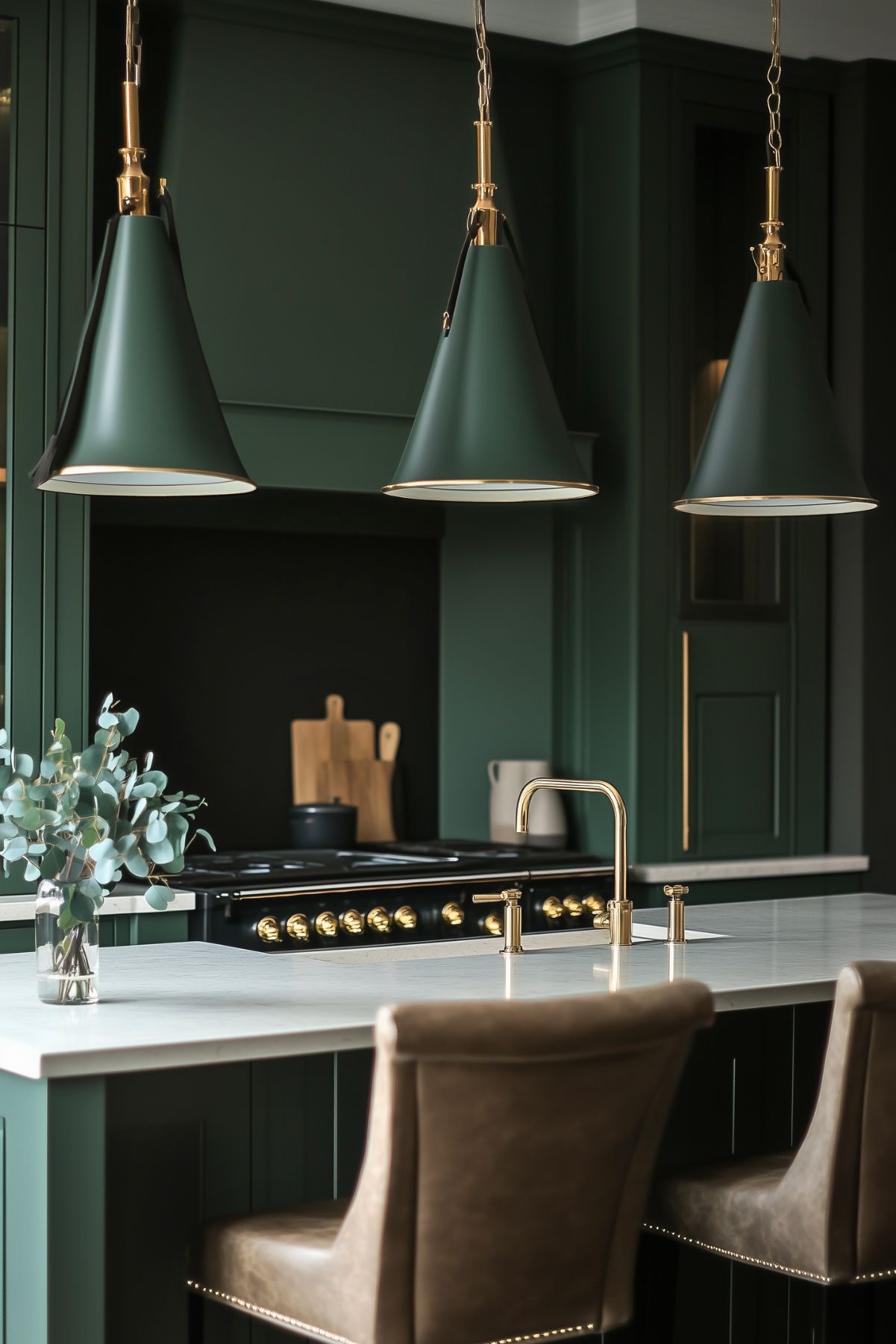 A modern kitchen with dark green cabinetry and a sleek design. Three cone-shaped pendant lights with brass accents hang above a marble kitchen island. The island features a brass faucet and a pair of leather barstools. In the background, a black and gold stove stands out against the dark green cabinetry, and wooden cutting boards add a touch of warmth. A vase with eucalyptus branches adds a subtle decorative touch, completing the sophisticated and stylish look.