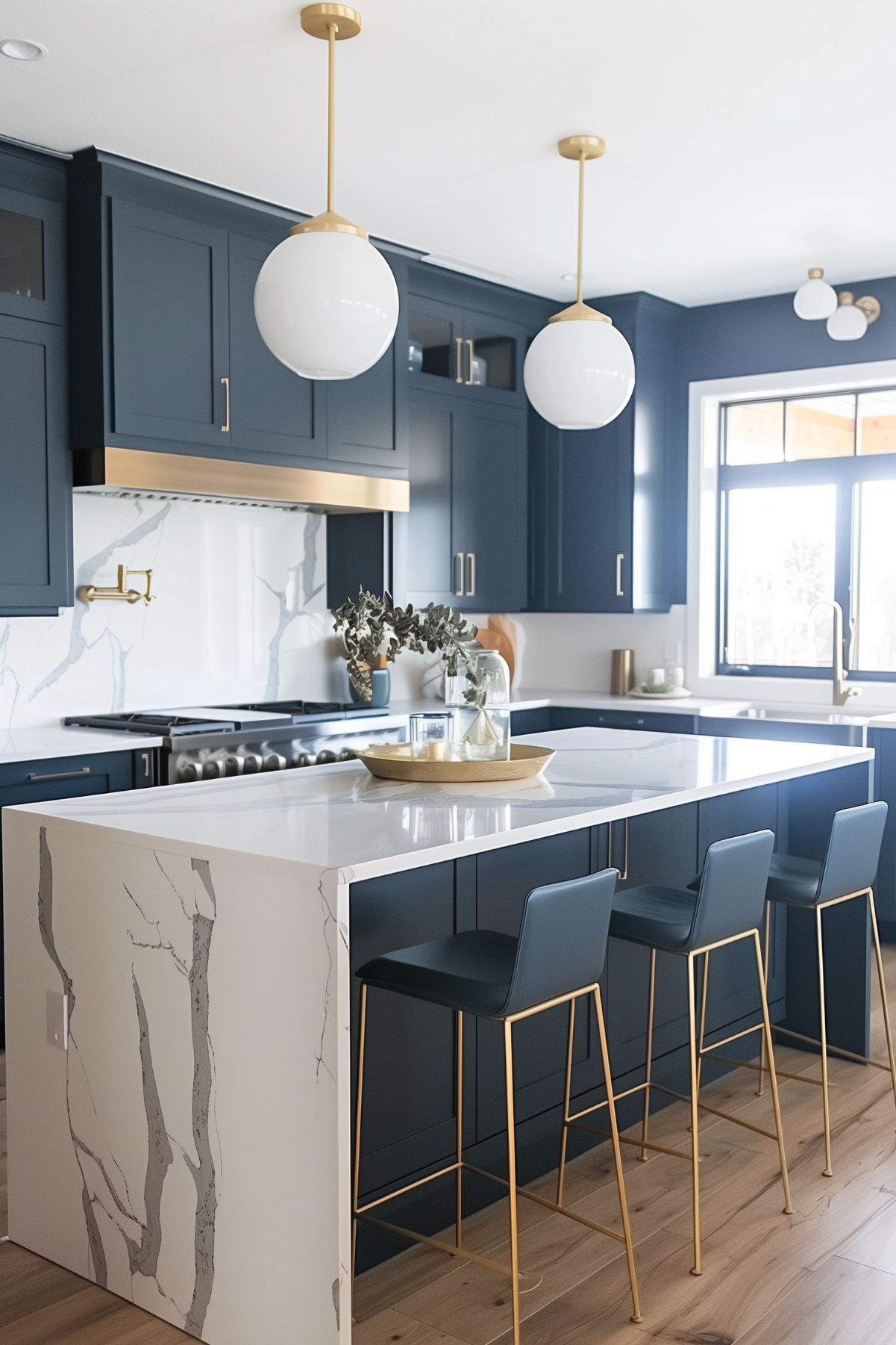 A sleek, modern kitchen with navy blue cabinetry and a waterfall marble island. Gold accents are seen throughout, from the pendant lights to the barstools, giving the space a touch of elegance. The large windows allow natural light to enhance the minimalist yet luxurious design.