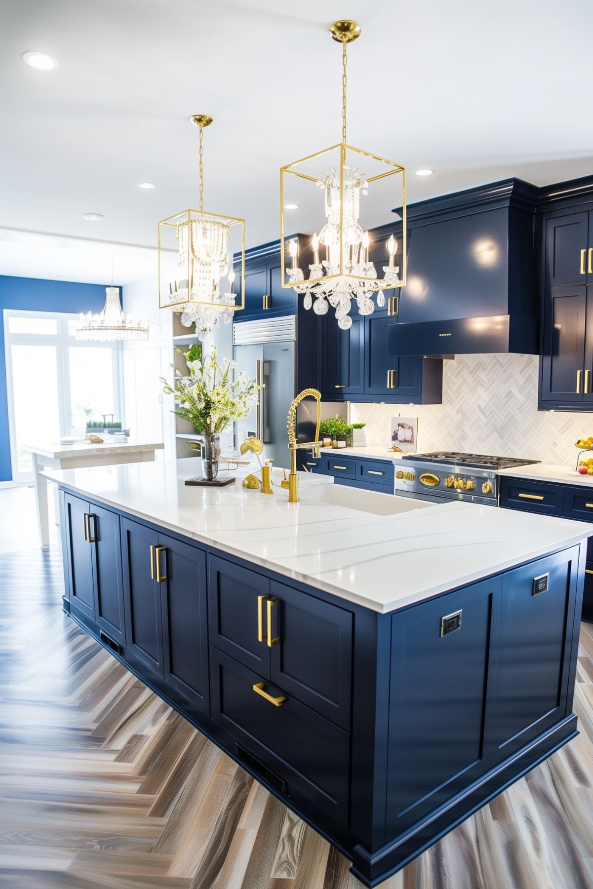 A vibrant kitchen featuring navy blue cabinetry and a large island with white countertops. Gold fixtures and accents, including two crystal chandeliers, add a luxurious touch. The herringbone-patterned wooden floor enhances the modern, elegant design of the space.