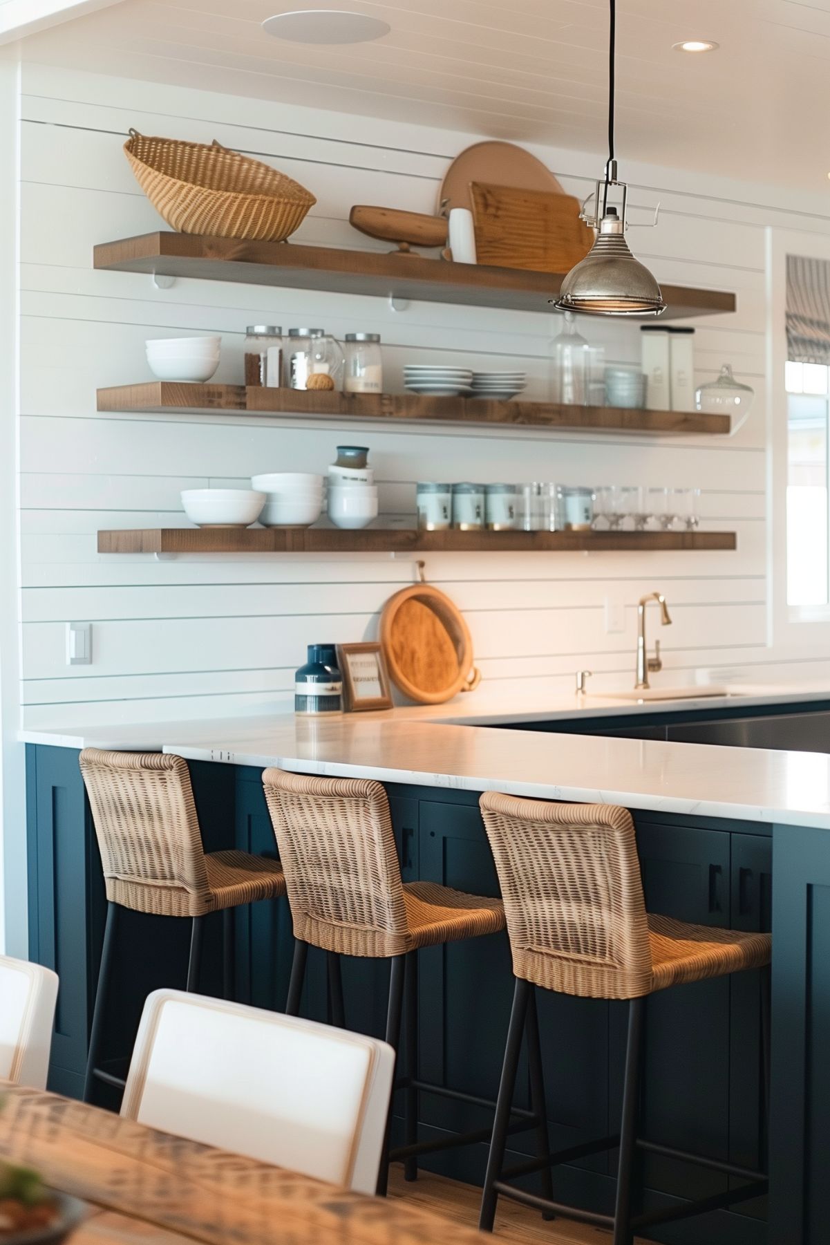 A coastal-inspired kitchen featuring navy blue cabinetry, open wooden shelving, and a white countertop. Wicker barstools and minimalist decor, such as white dishes and glass jars, add a natural and relaxed feel to the space. The shiplap walls and industrial-style pendant light complete the look.